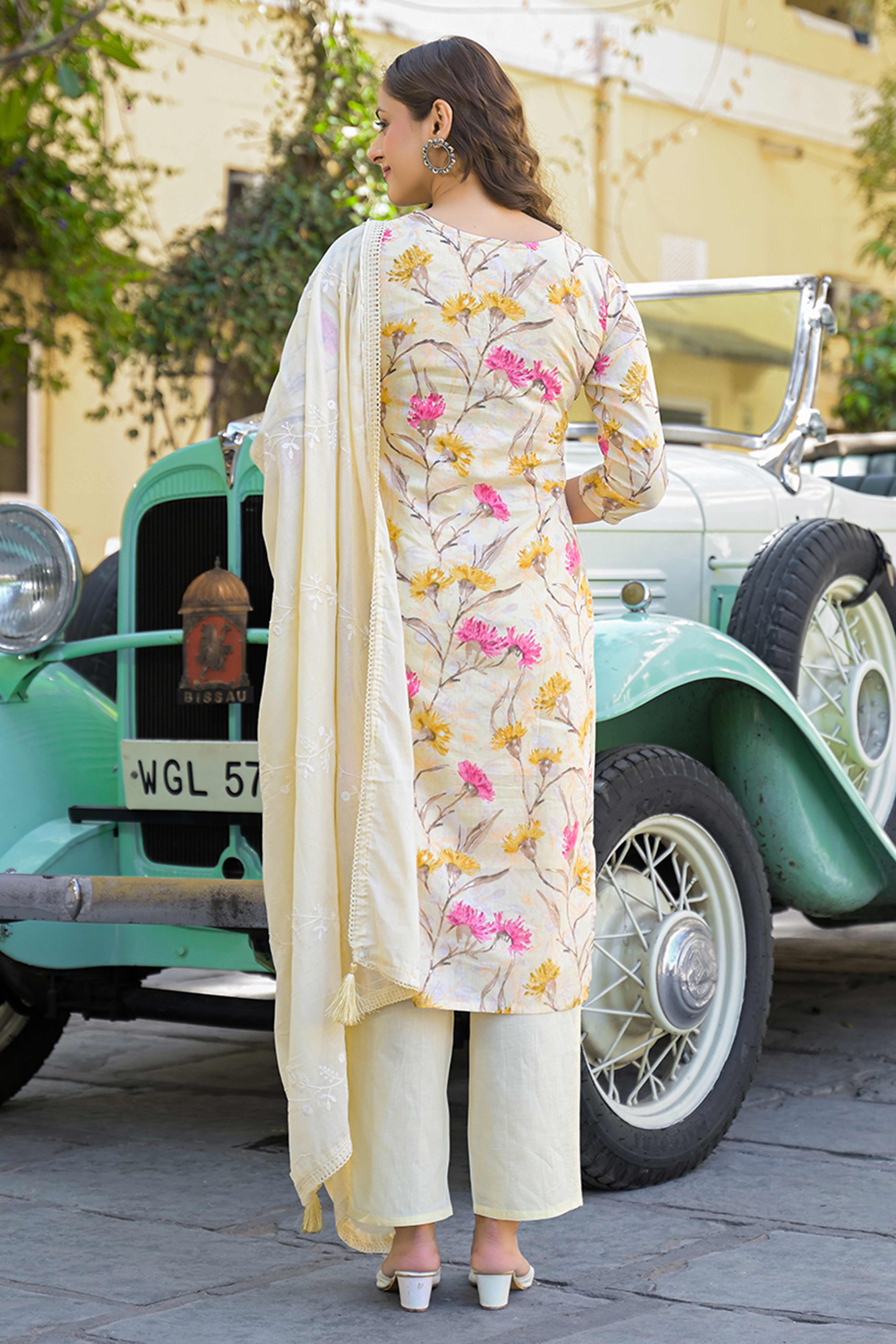 Light Yellow Floral Printed Thread Work Pure Cotton Straight Salwar Suit