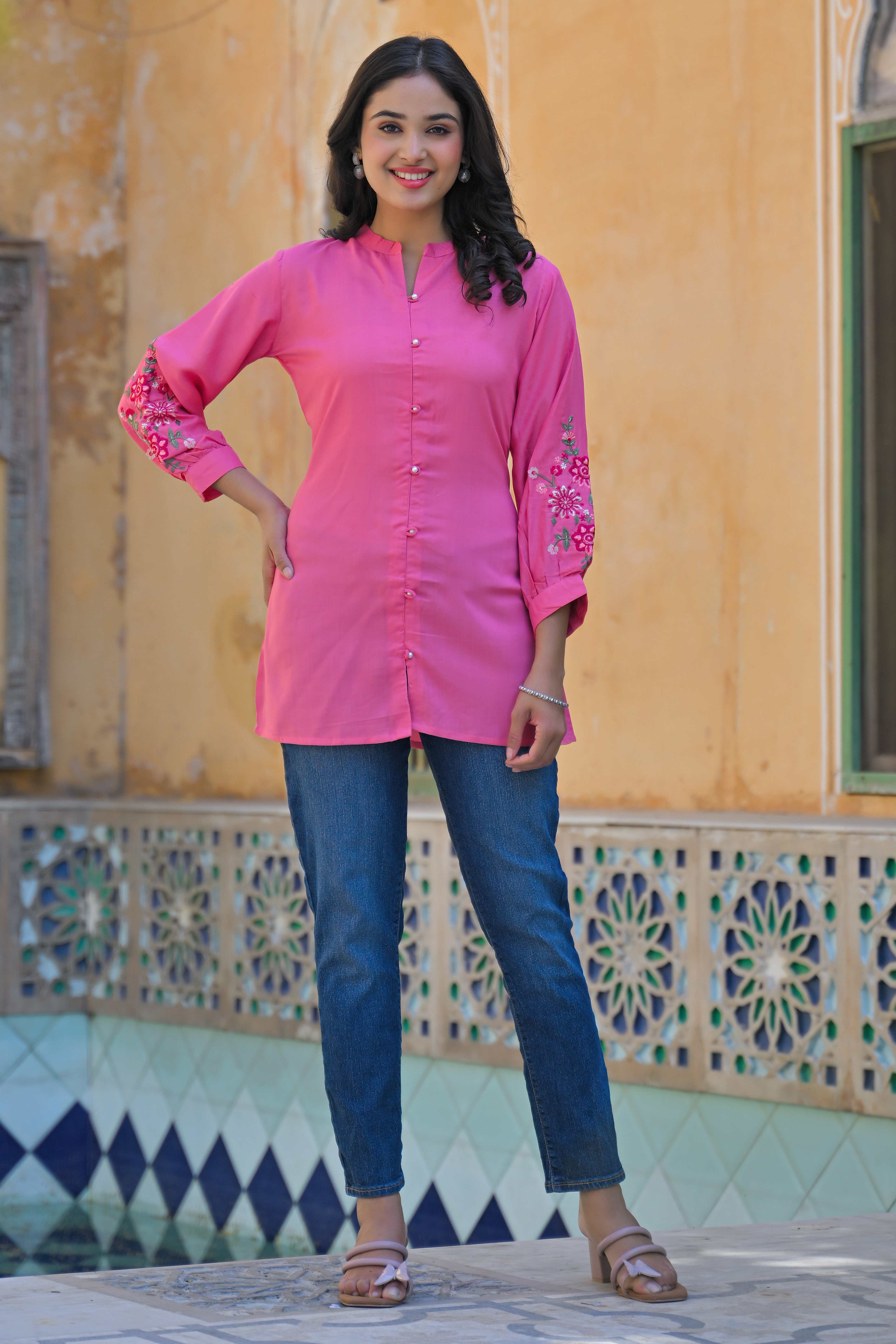 Pink Floral Embroidered Rayon Straight Top