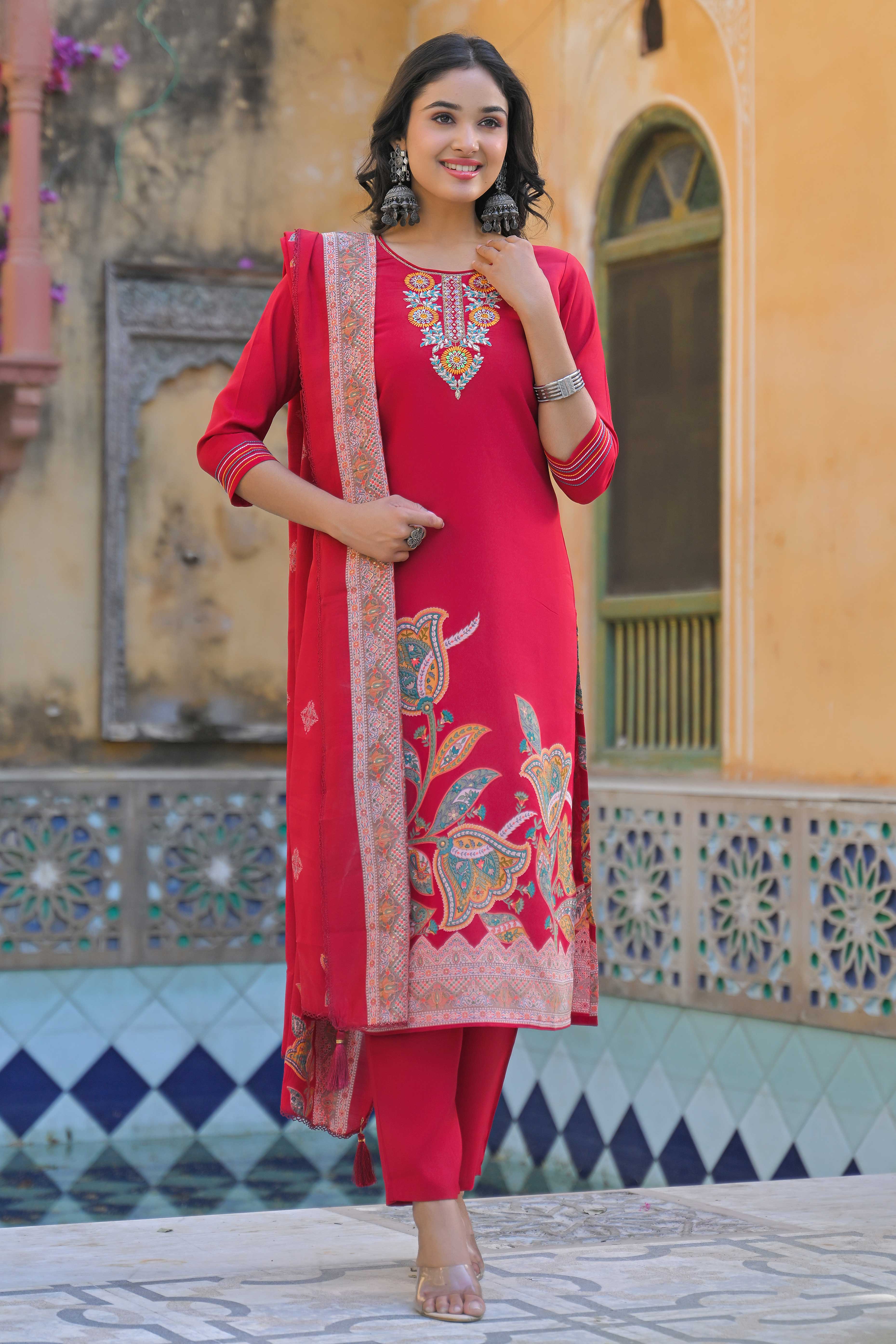 Pink Floral Handwork Embroidered Chanderi Silk Straight Salwar Suit