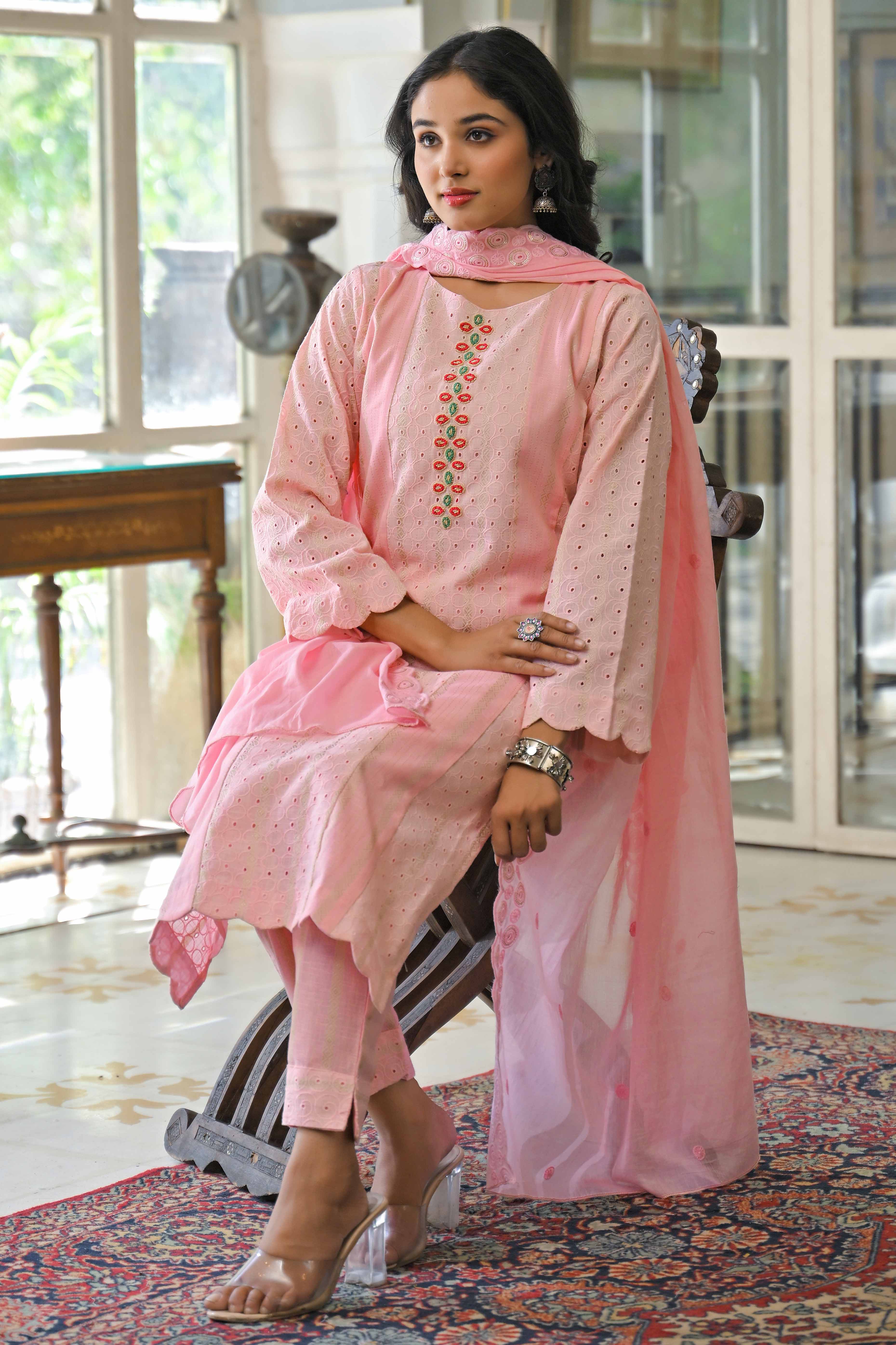 Pink Embroidered Pure Cotton Straight Salwar Suit