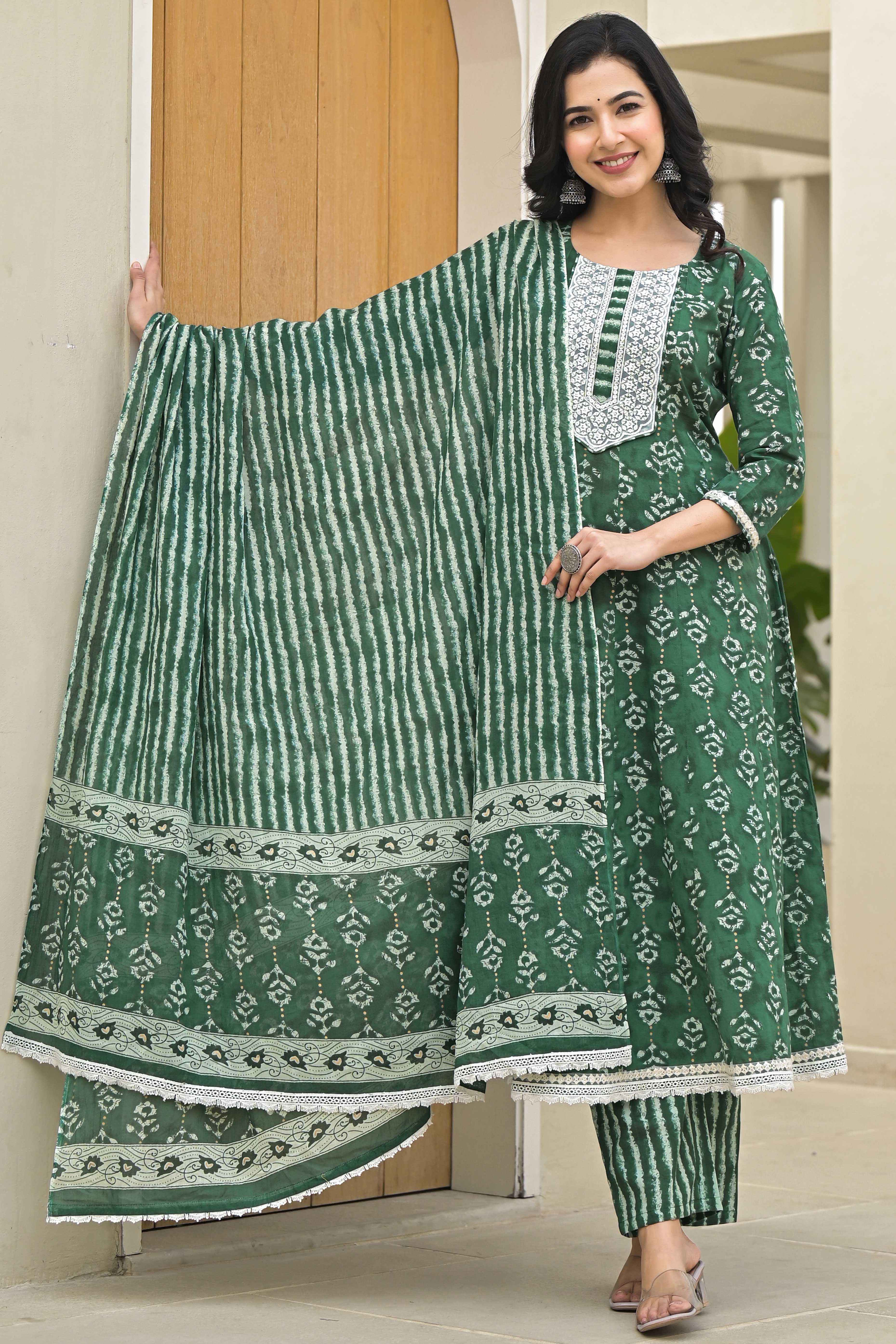 Green Floral Printed Pure Cotton Anarkali Salwar Suit