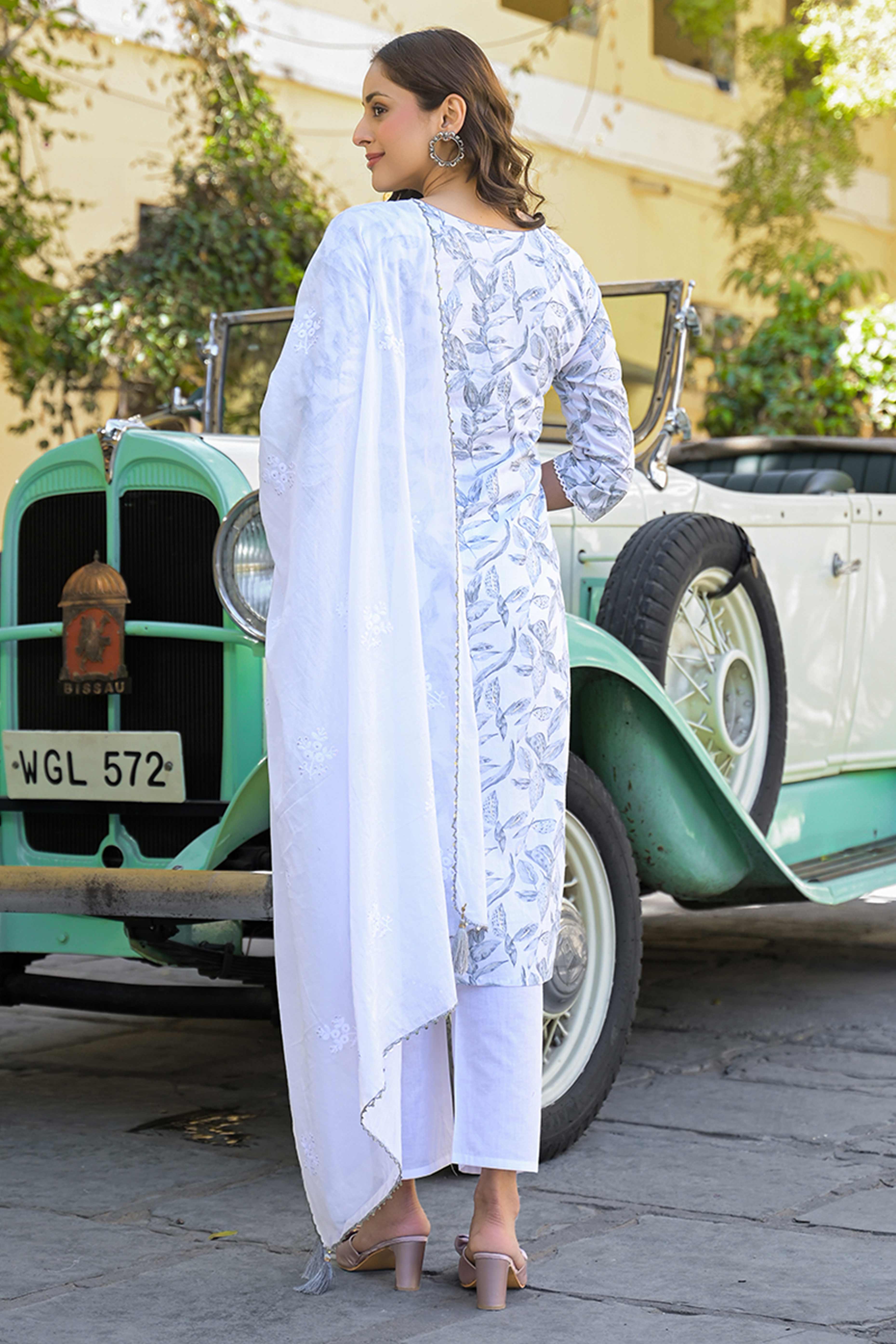 White & Grey Floral Printed Pure Cotton Straight Salwar Suit