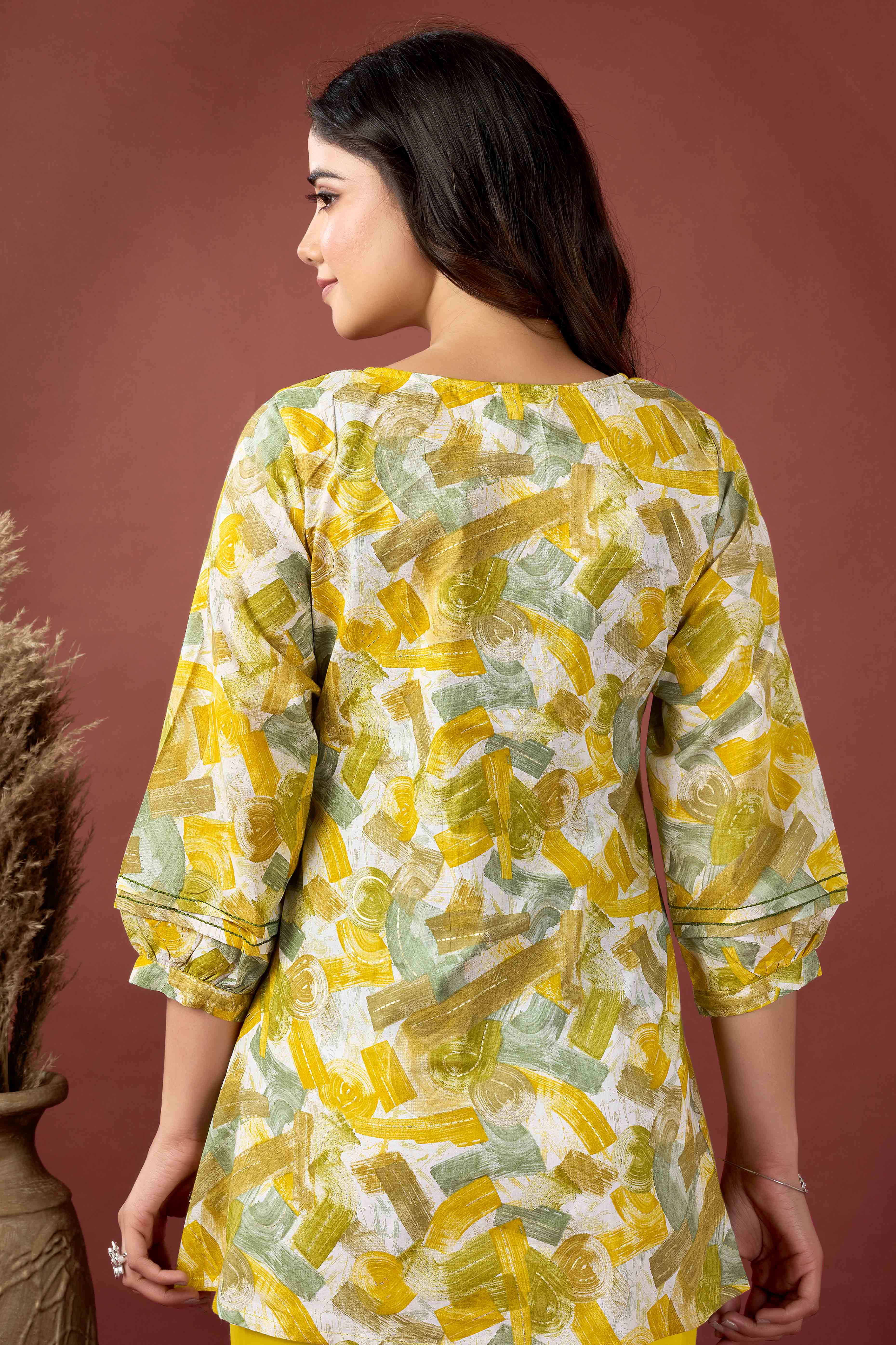 Mustard Abstract Printed Pure Cotton A-Line Top