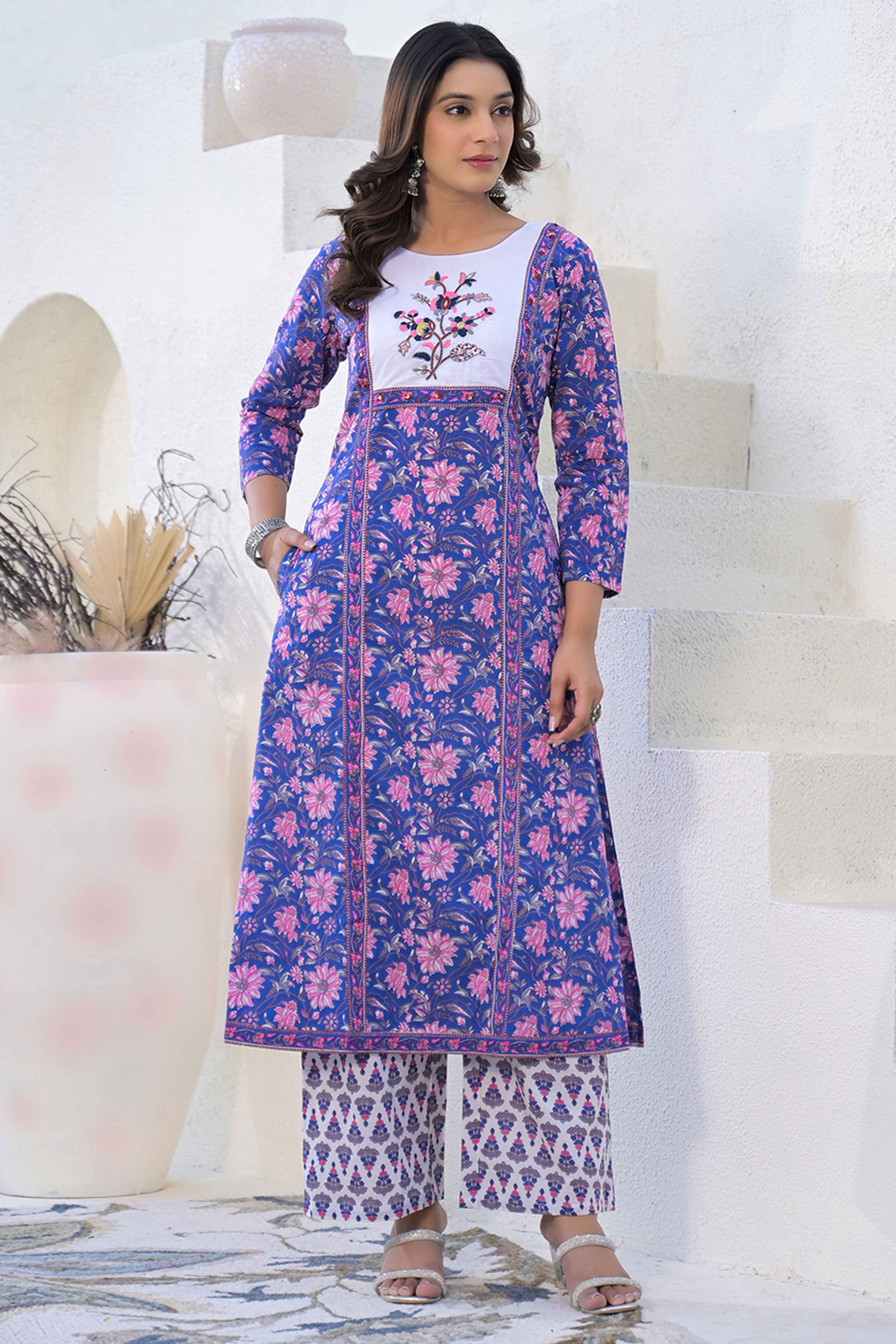 Blue Pure Cotton Salwar Suit with Floral Prints and Embroidered Neck