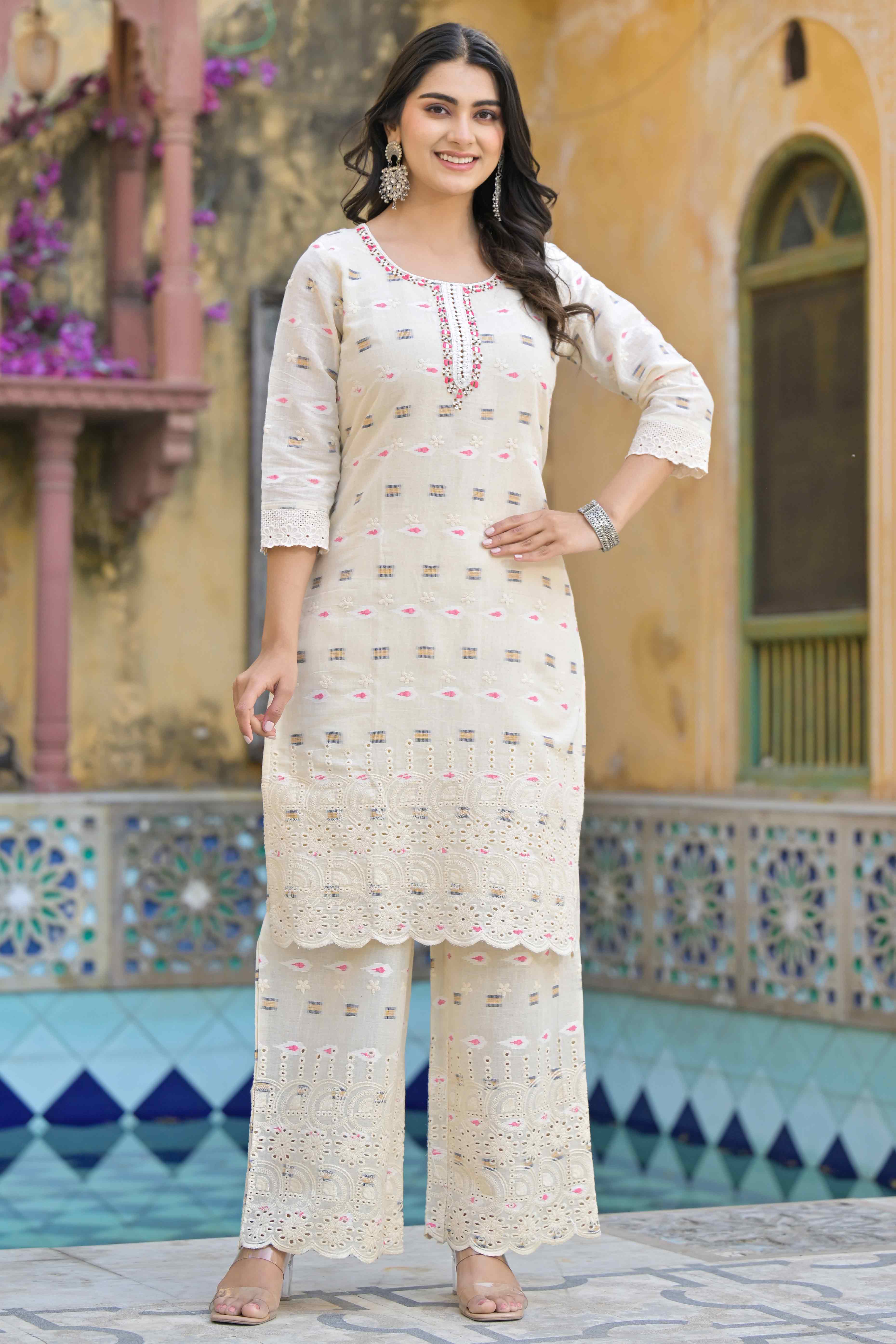 Off White Schiffli Work Embroidered Pure Cotton Salwar Suit