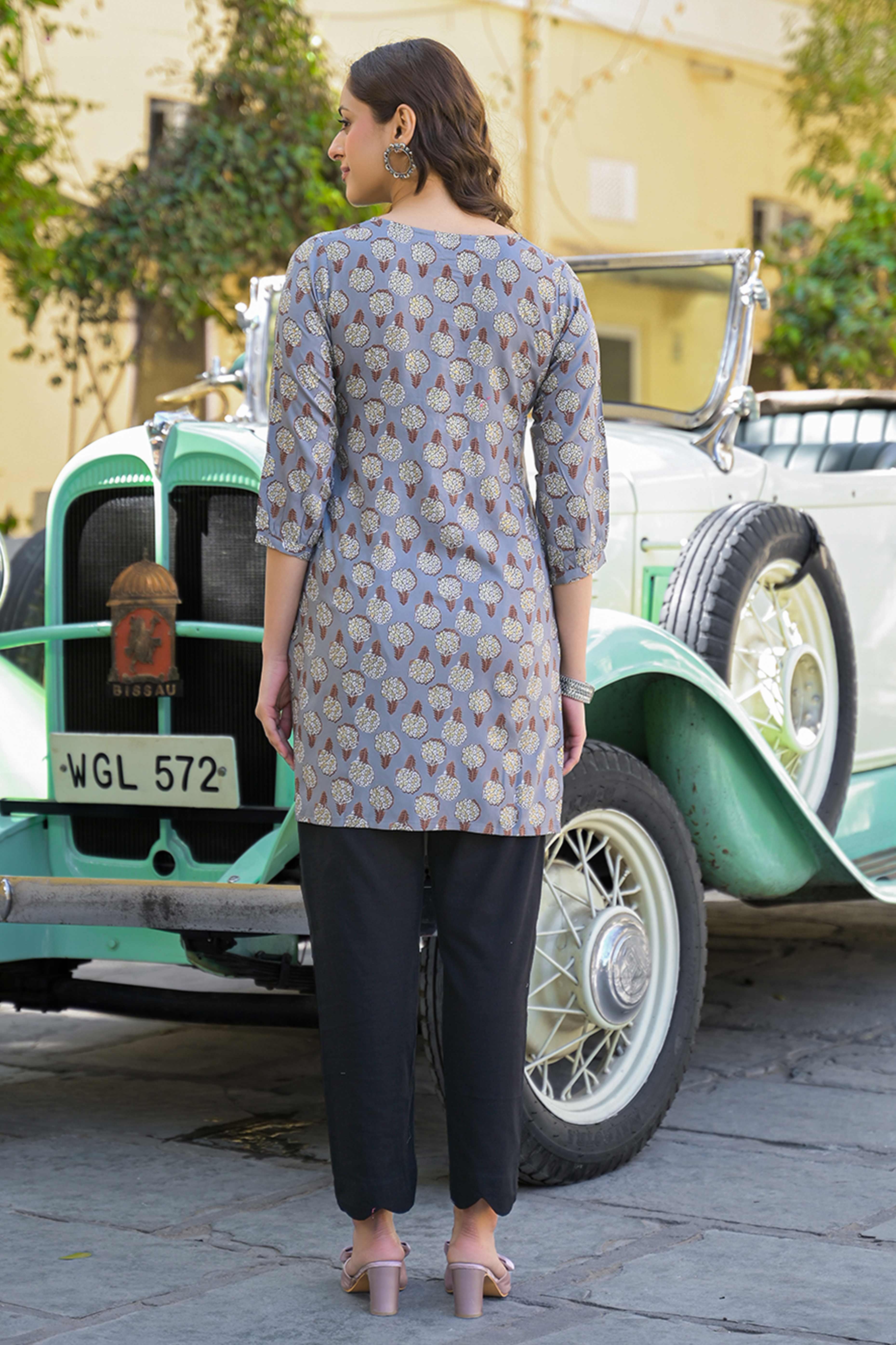 Grey Floral Printed Rayon Straight Top