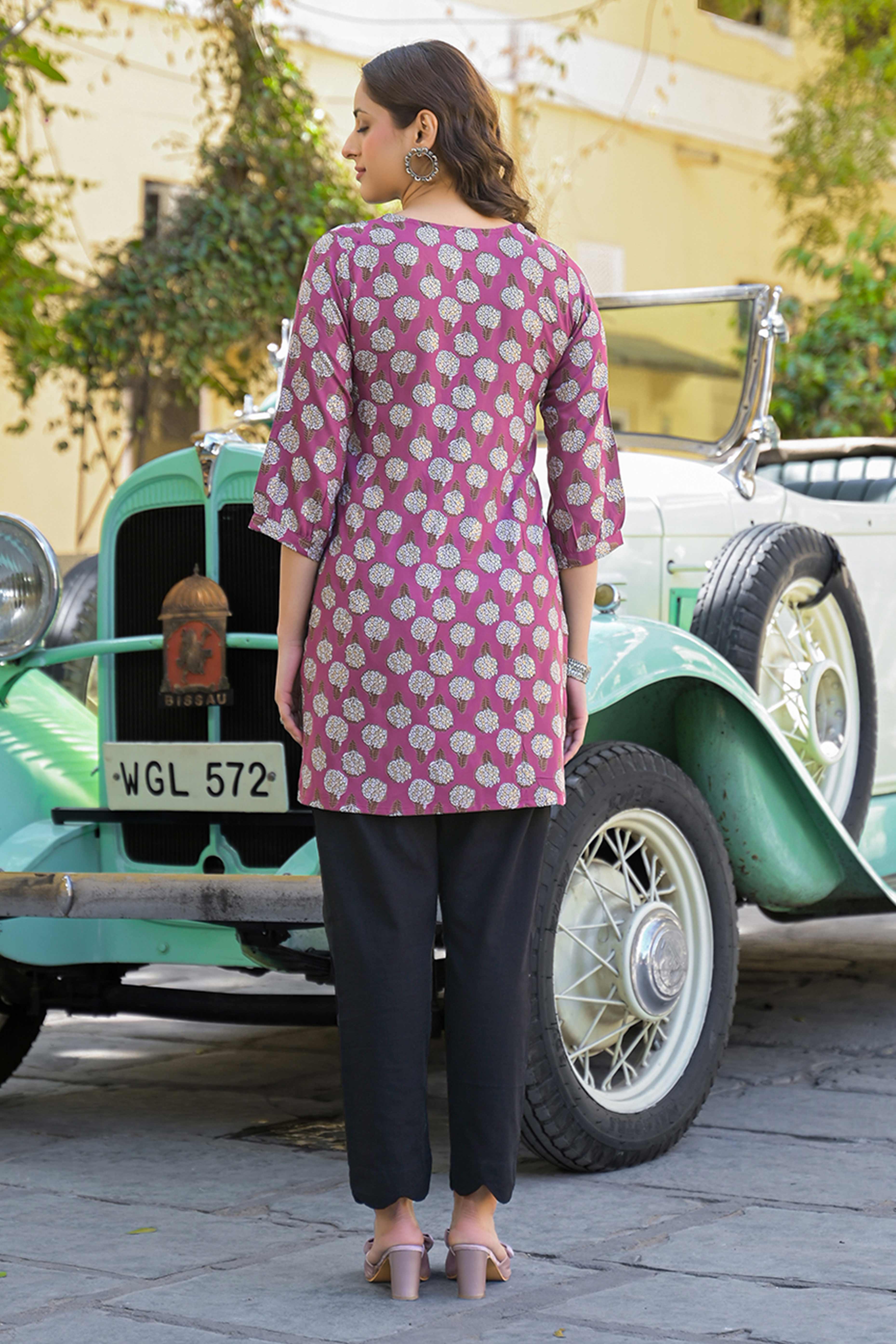 Purple Floral Printed Rayon Straight Top