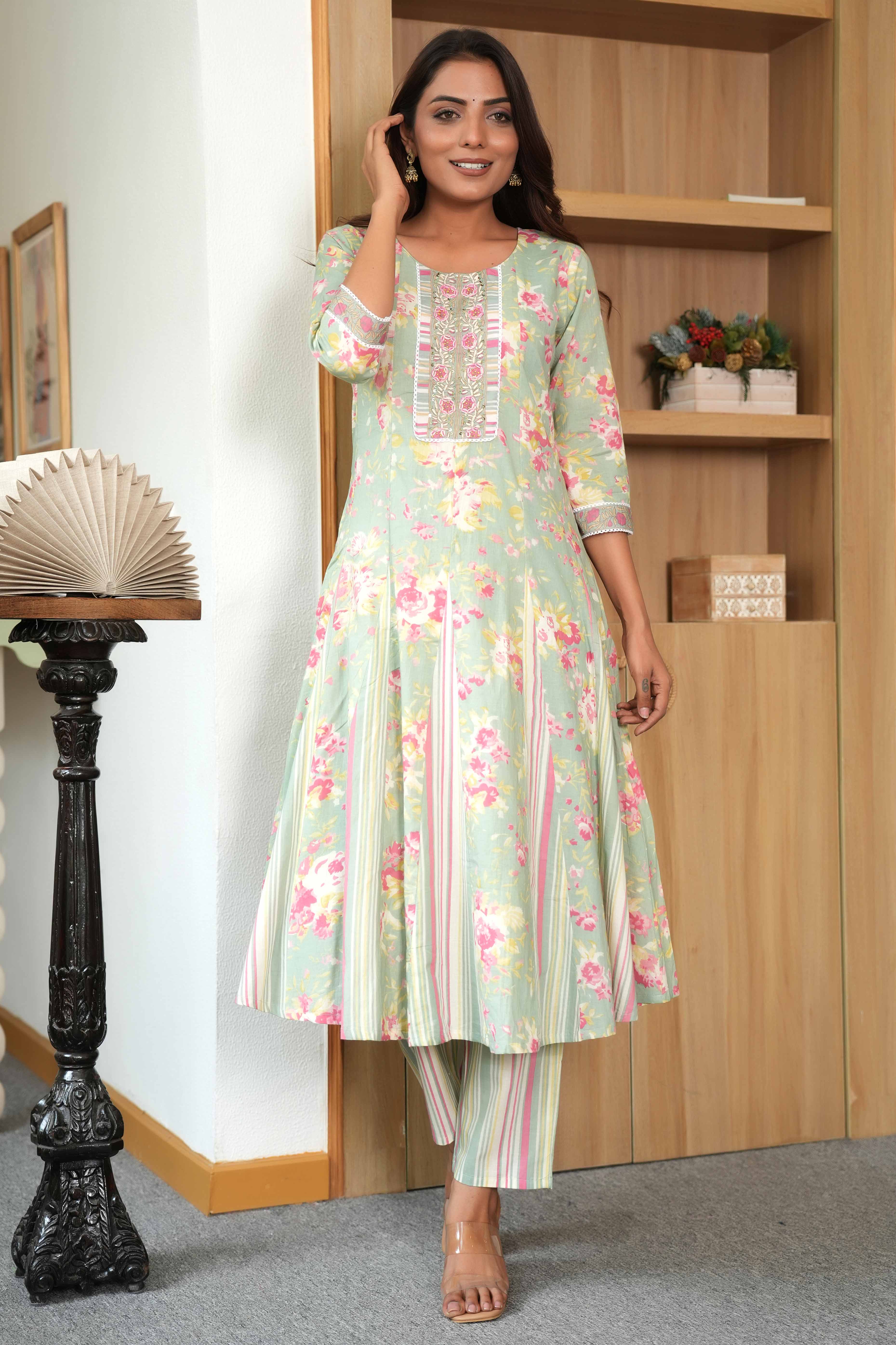 Floral Printed Pista Green Pure Cotton A-Line Salwar Suit with Intricate Handwork
