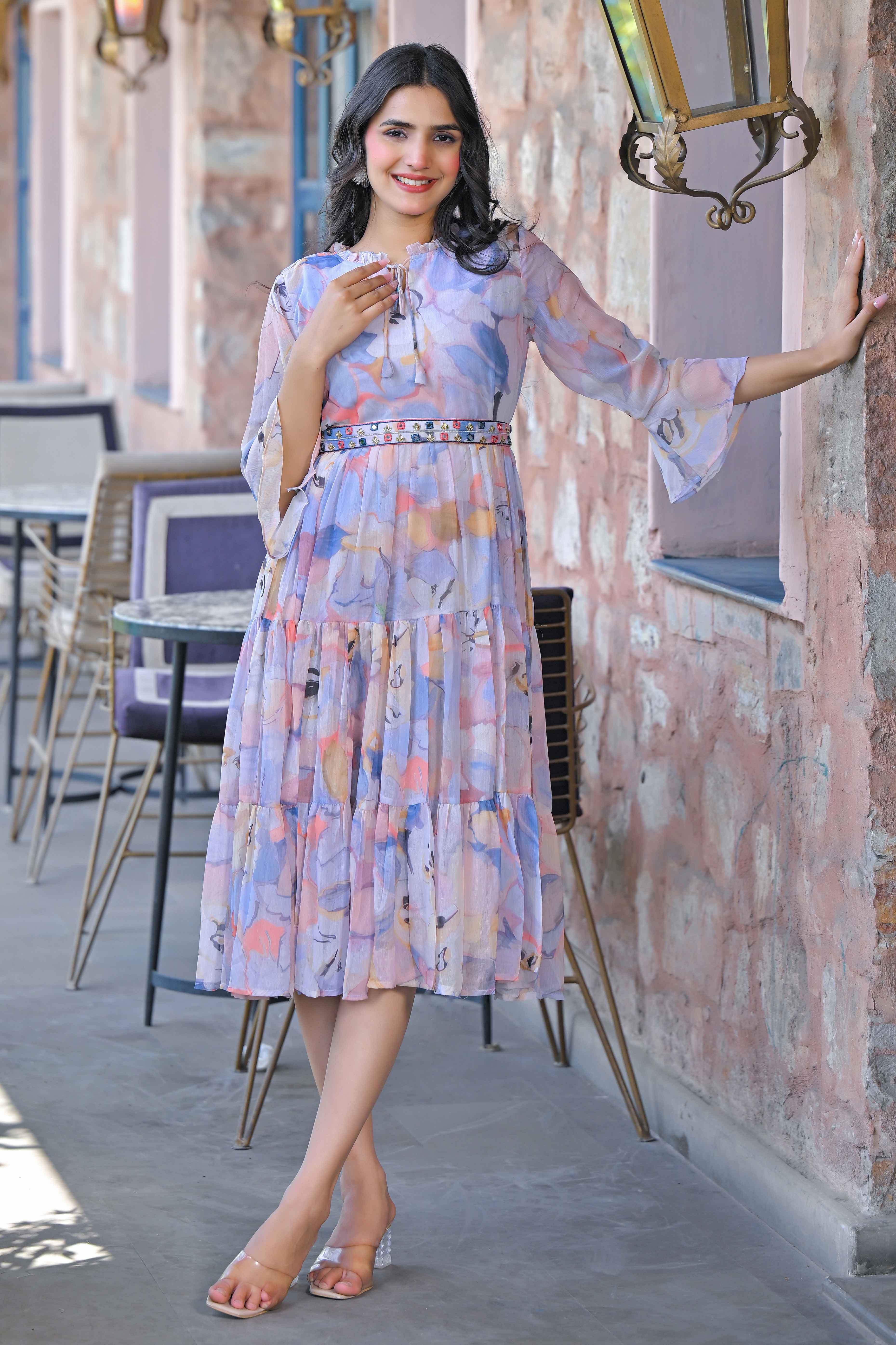 Multicolor Floral Printed Chiffon Maxi Dress With Waist Belt