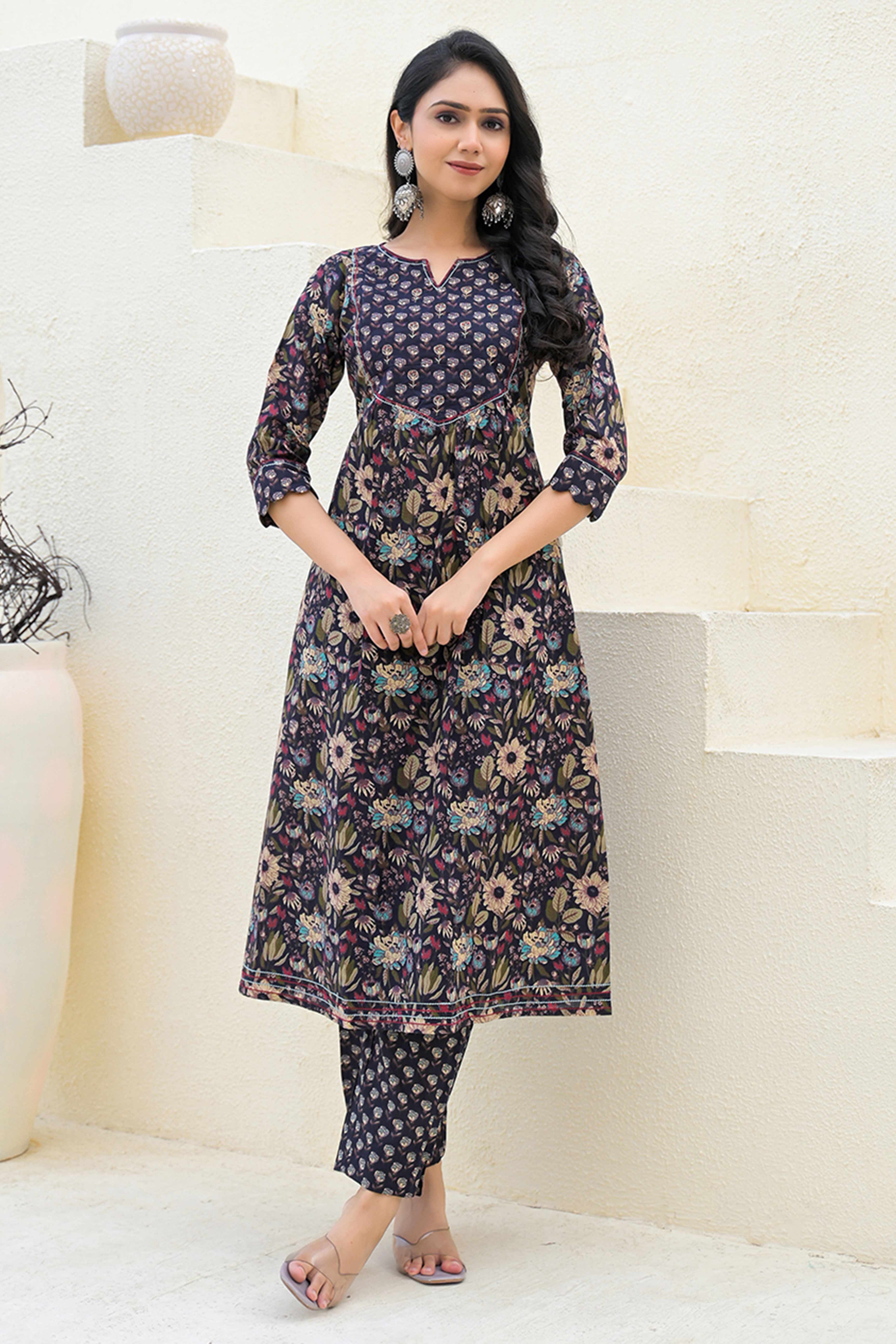 A-Line Style Black Cotton Salwar Suit with Blooming Floral Prints