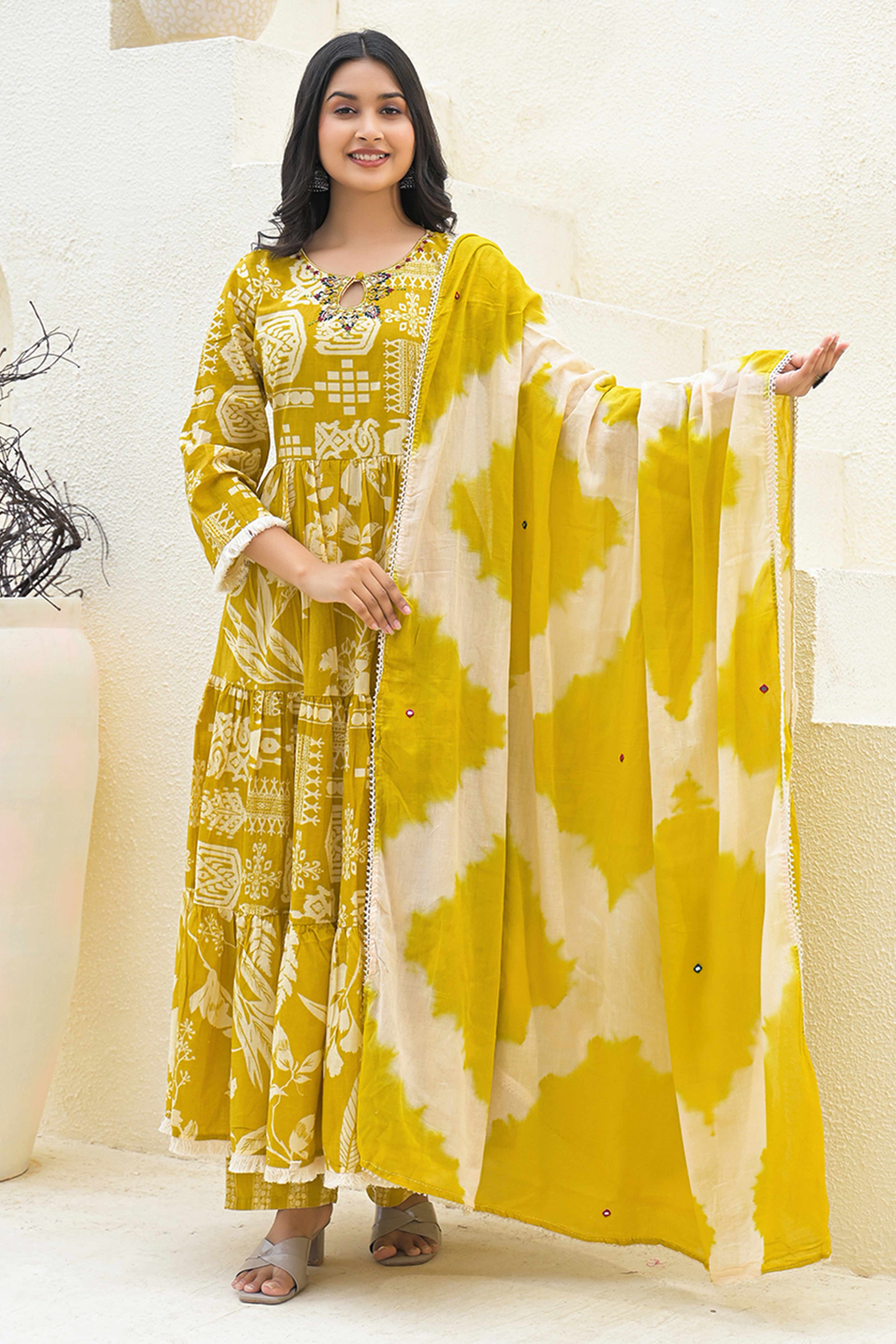 Traditional Printed Mustard Anarkali Salwar Suit with Delicate Embroidery in Cotton Fabric