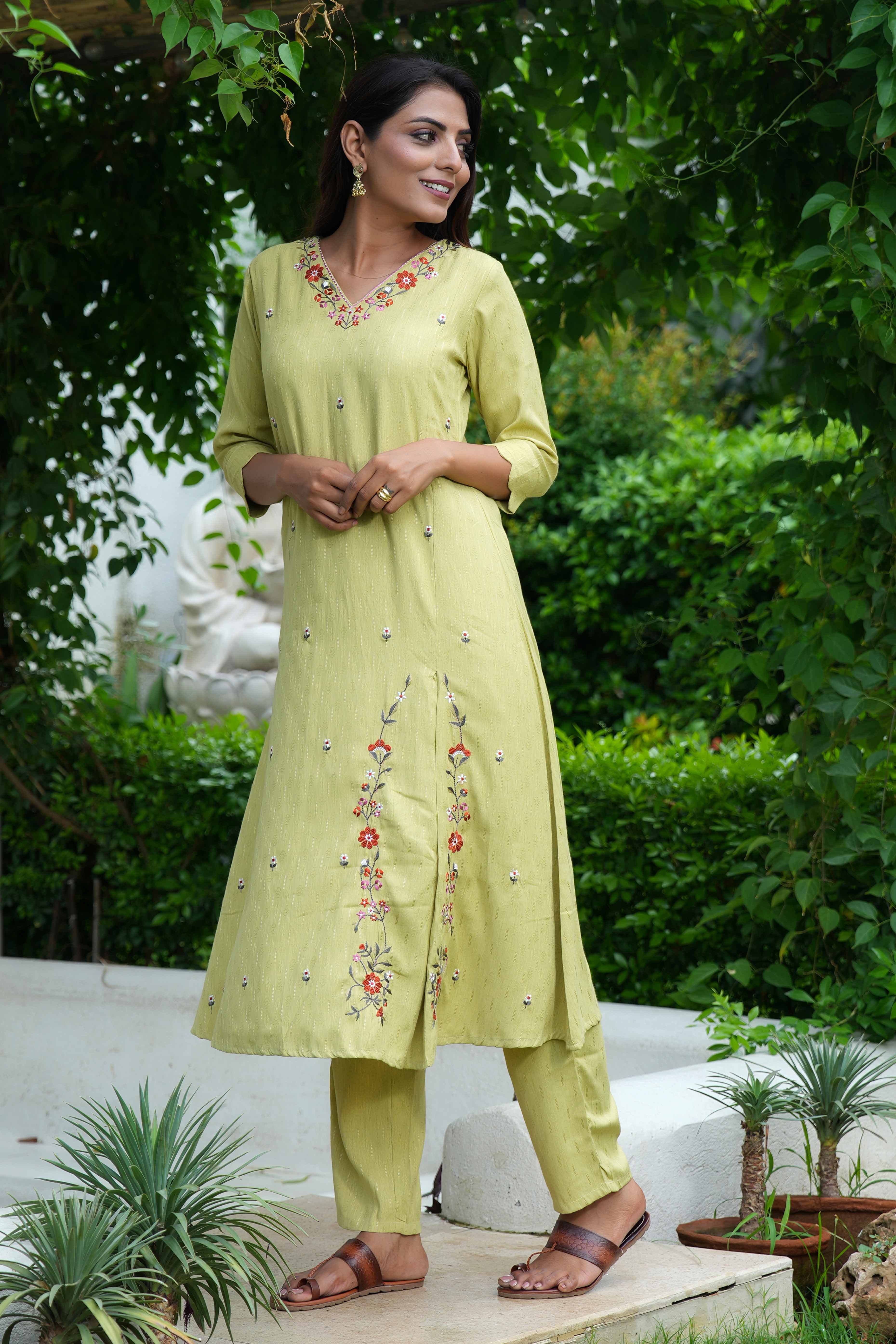 Light Green A-Line Top and Bottom Set in Dobby Rayon with Intricate Floral Embroidery