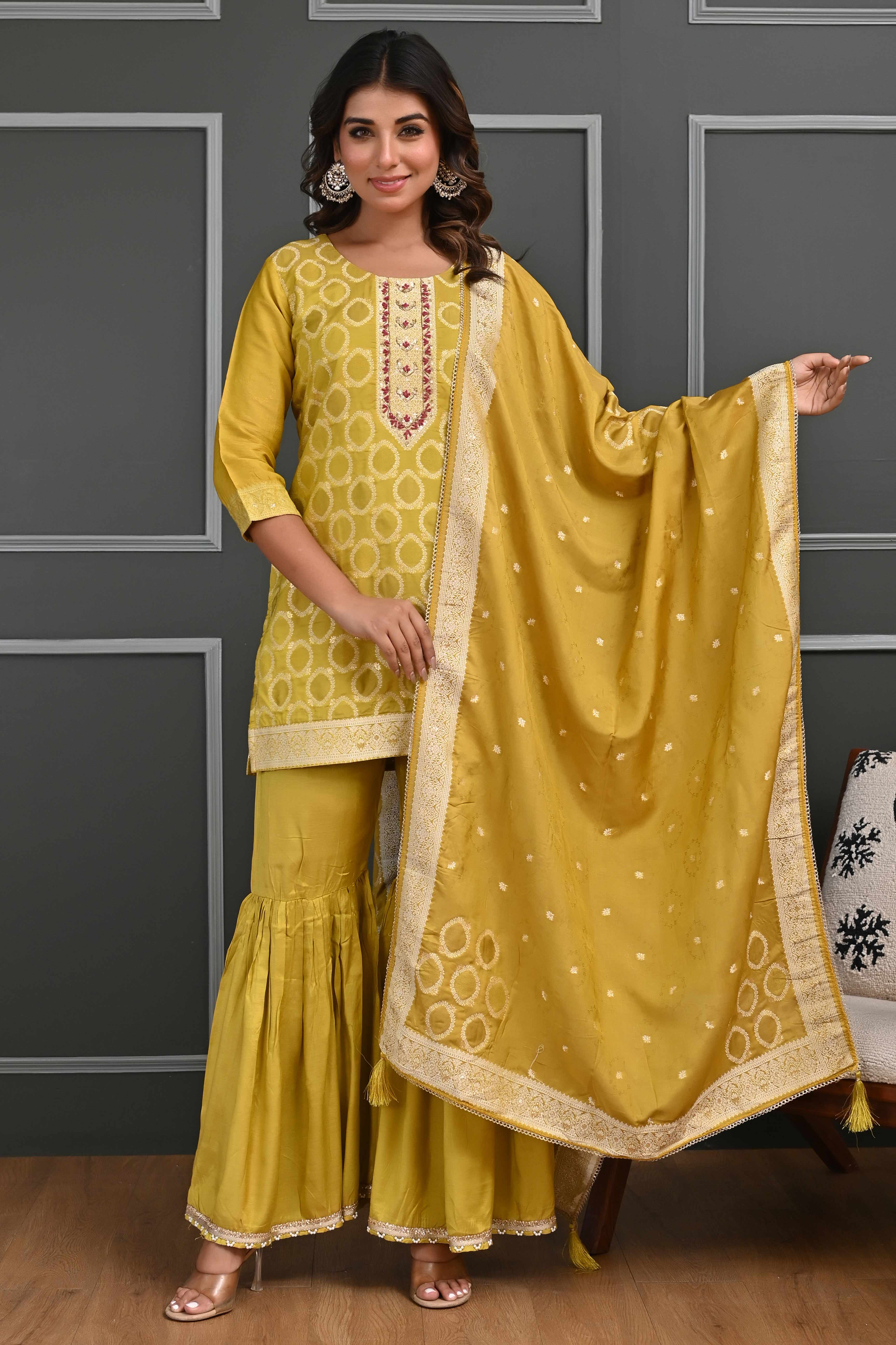 Vibrant Mustard Zari Weaving Cotton Silk Sharara Suit Ensemble