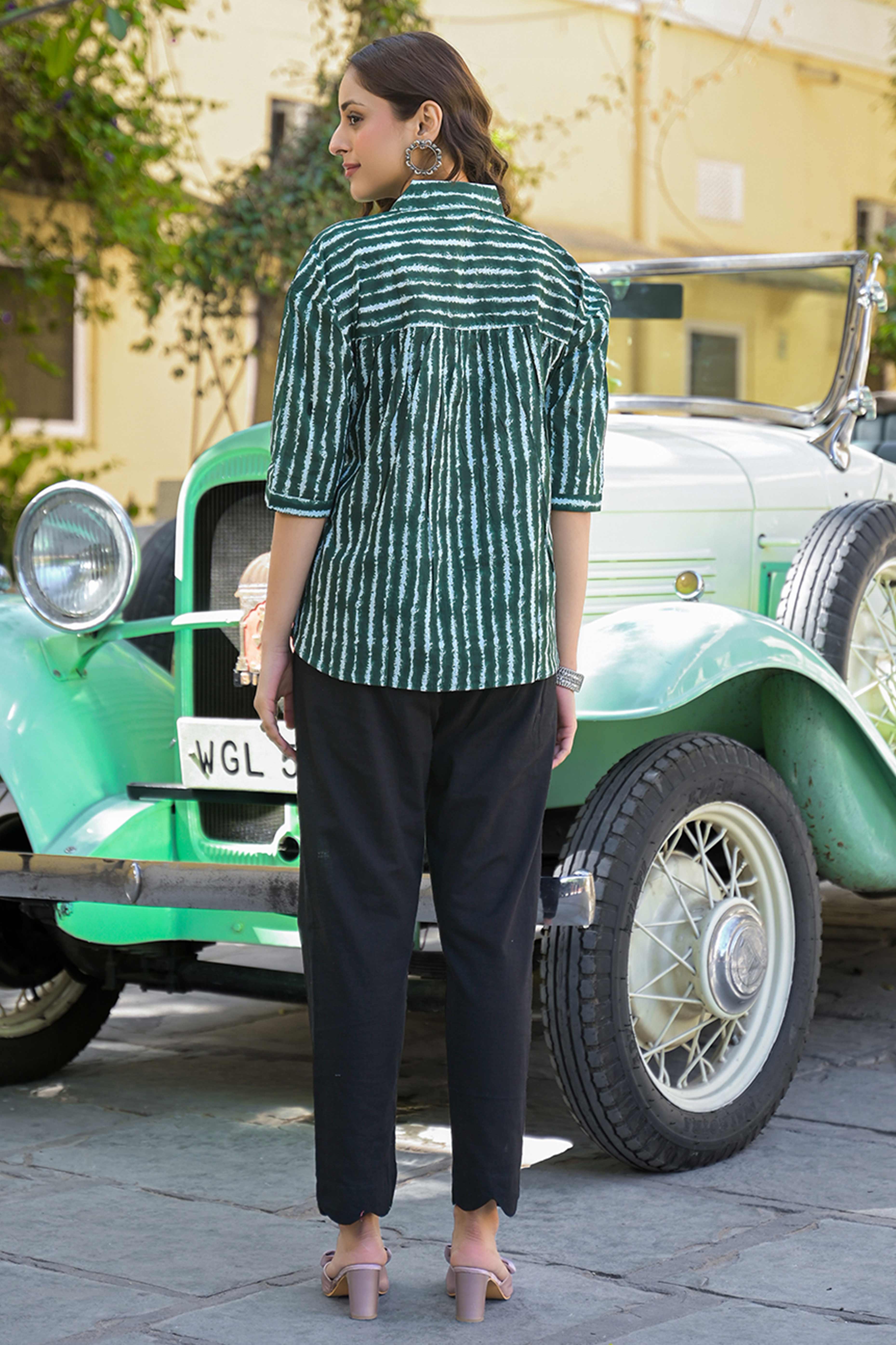 Green Striped Printed Pure Cotton Top