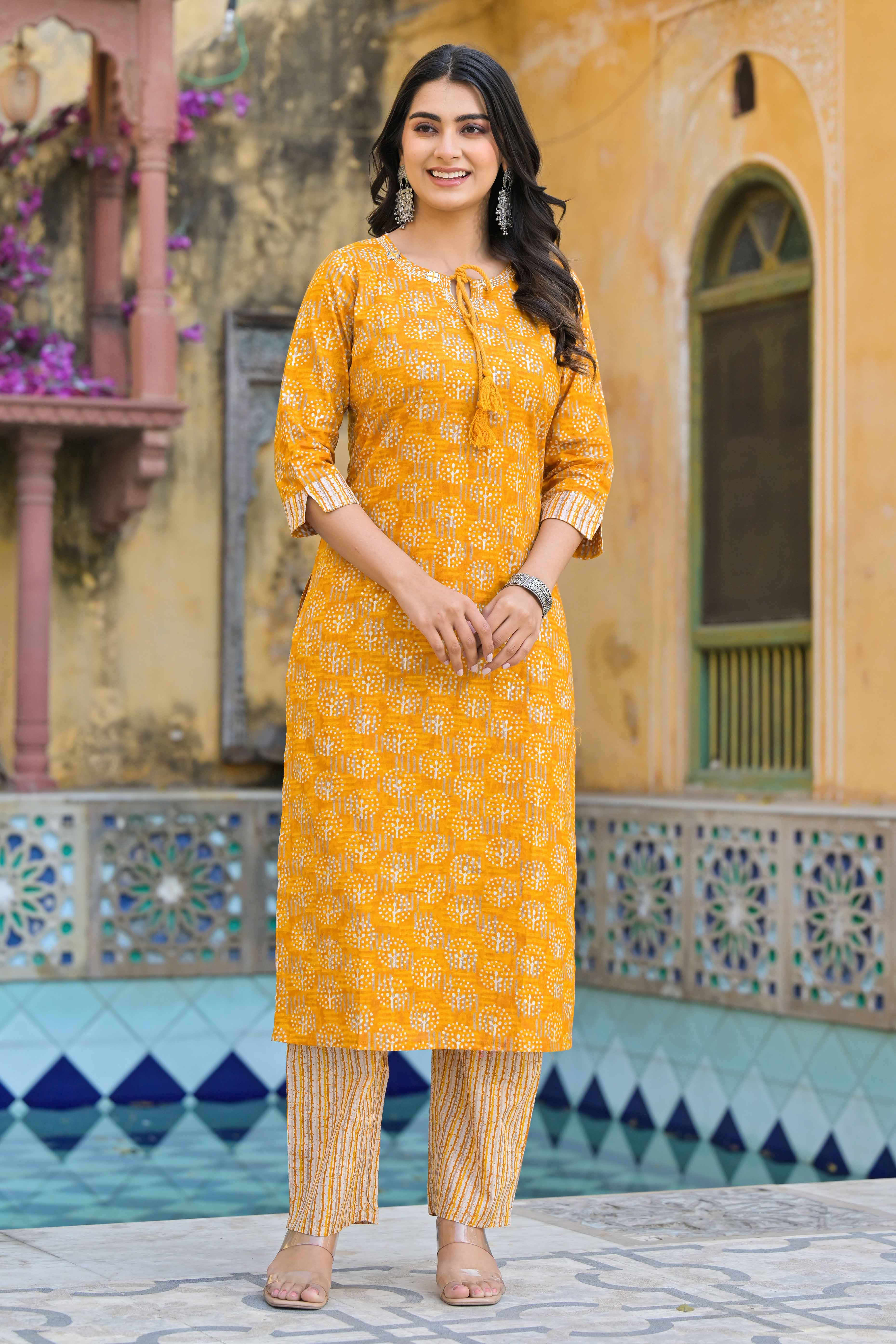 Mustard Floral Printed Pure Cotton Straight Salwar Suit