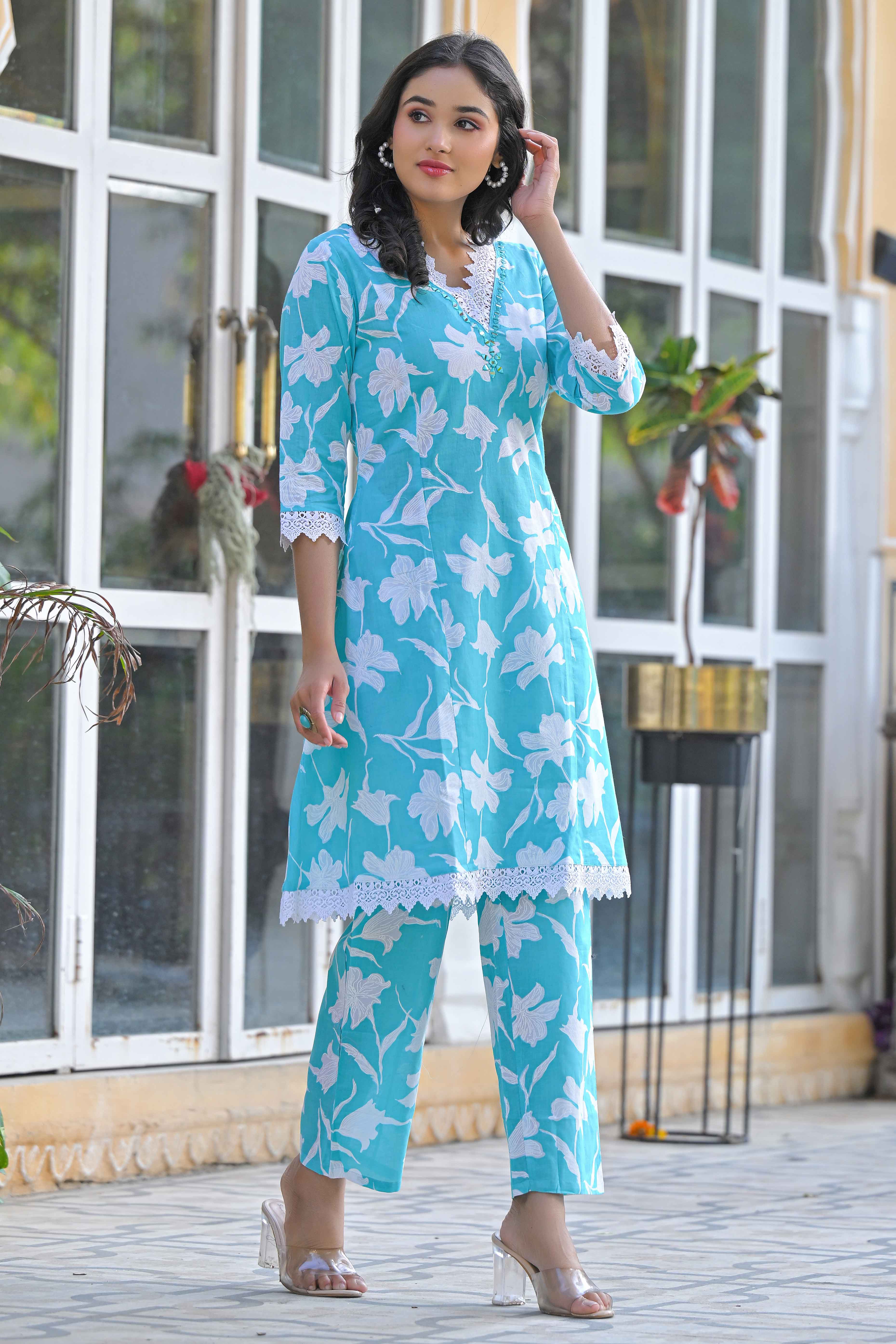 Sky Blue Floral Printed Pure Cotton A-Line Top Bottom Set