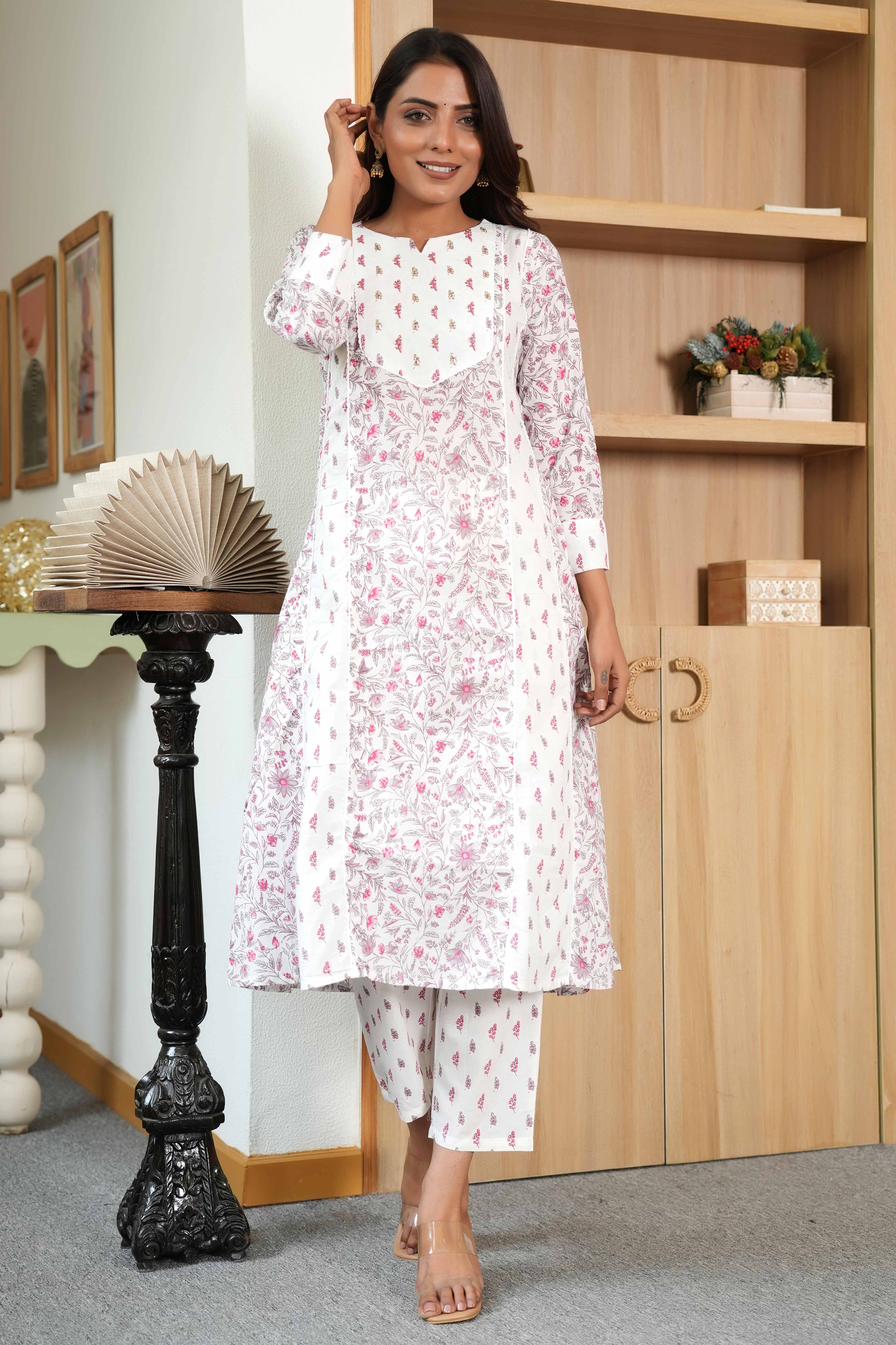 White A-Line Suit in Pure Cotton Featuring Subtle Floral Patterns
