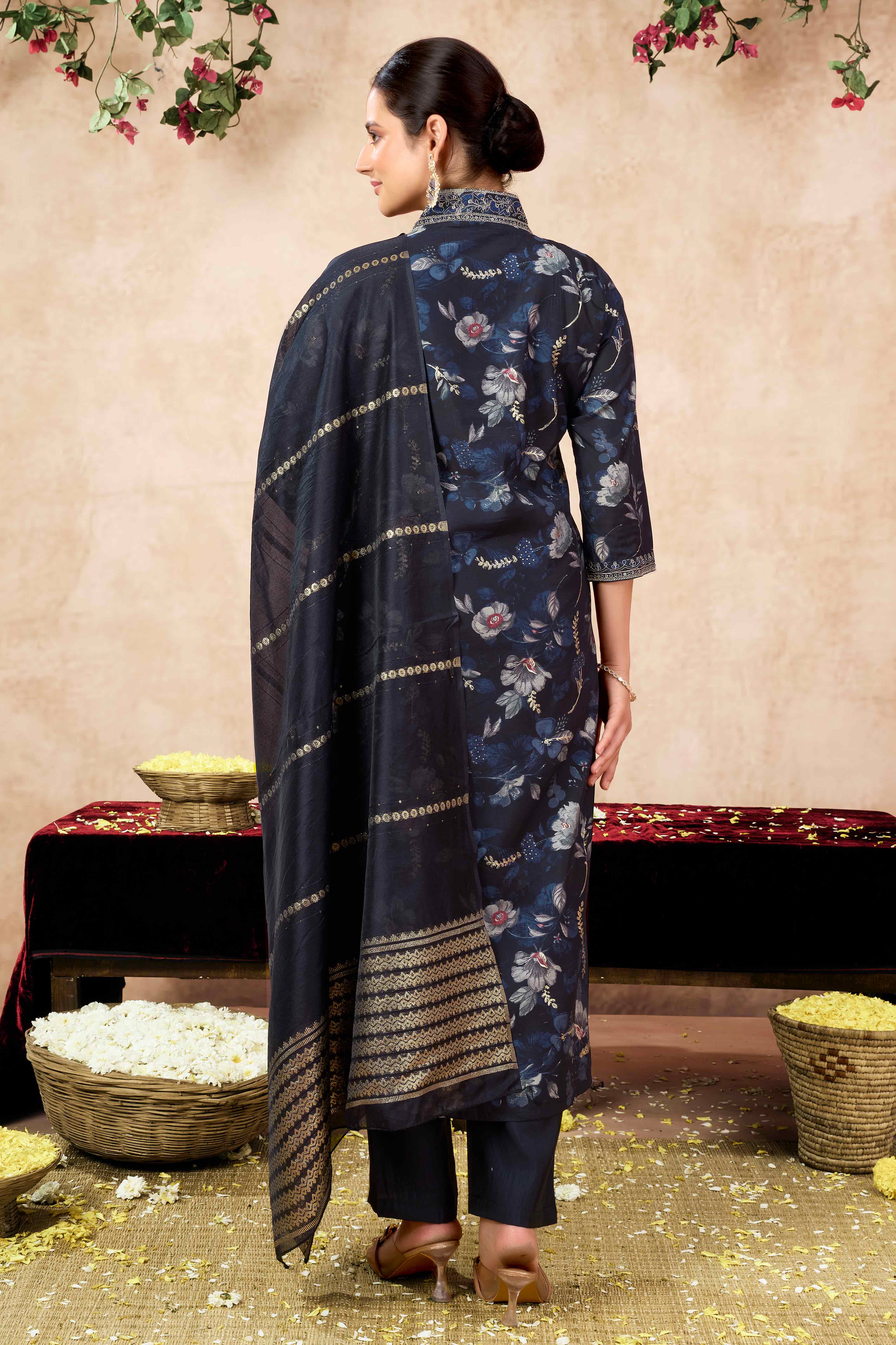 Black Floral Printed Cotton Silk Straight Salwar Suit