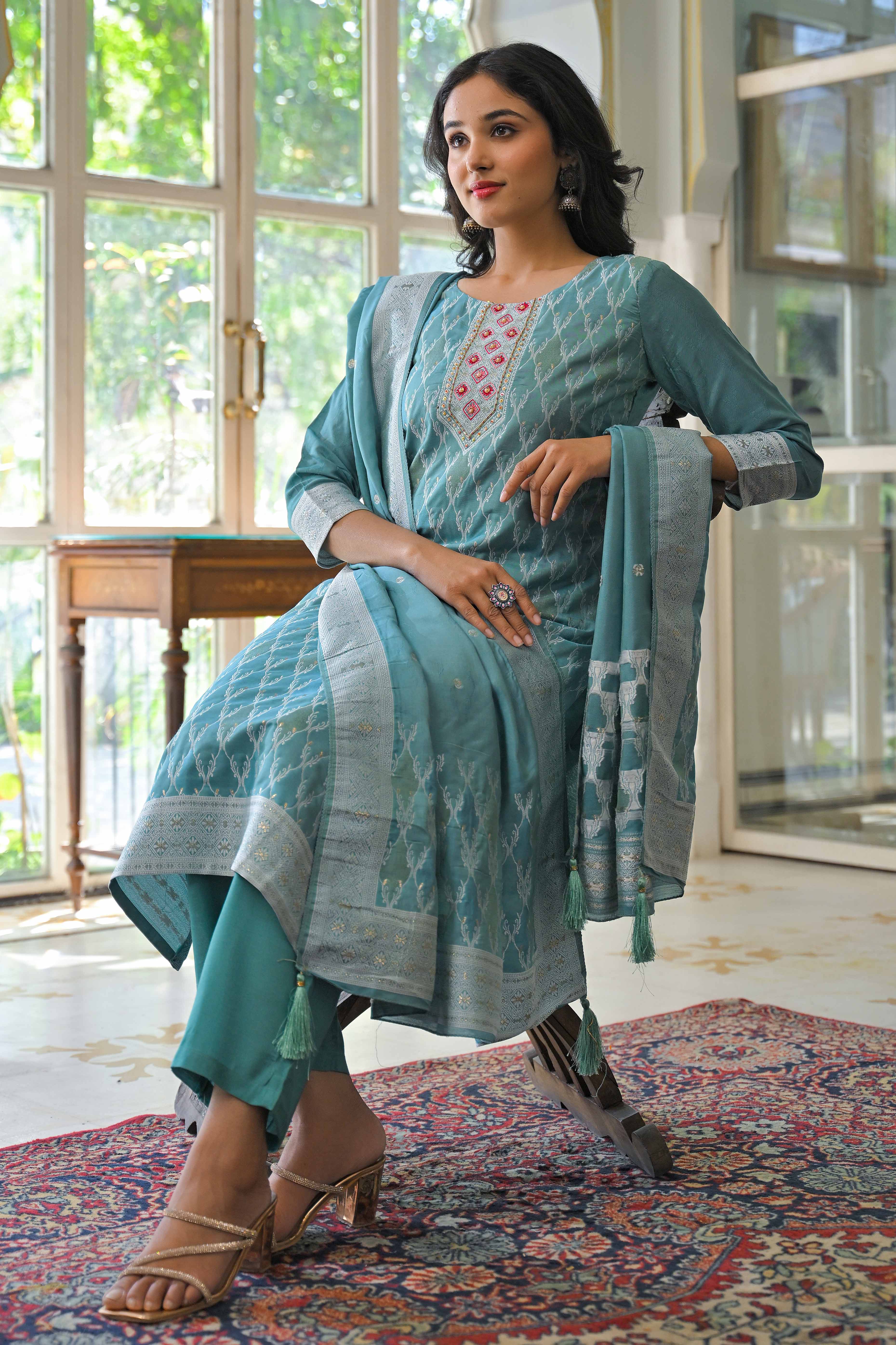 Dark Turquoise Woven With Handwork Jacquard Straight Salwar Suit