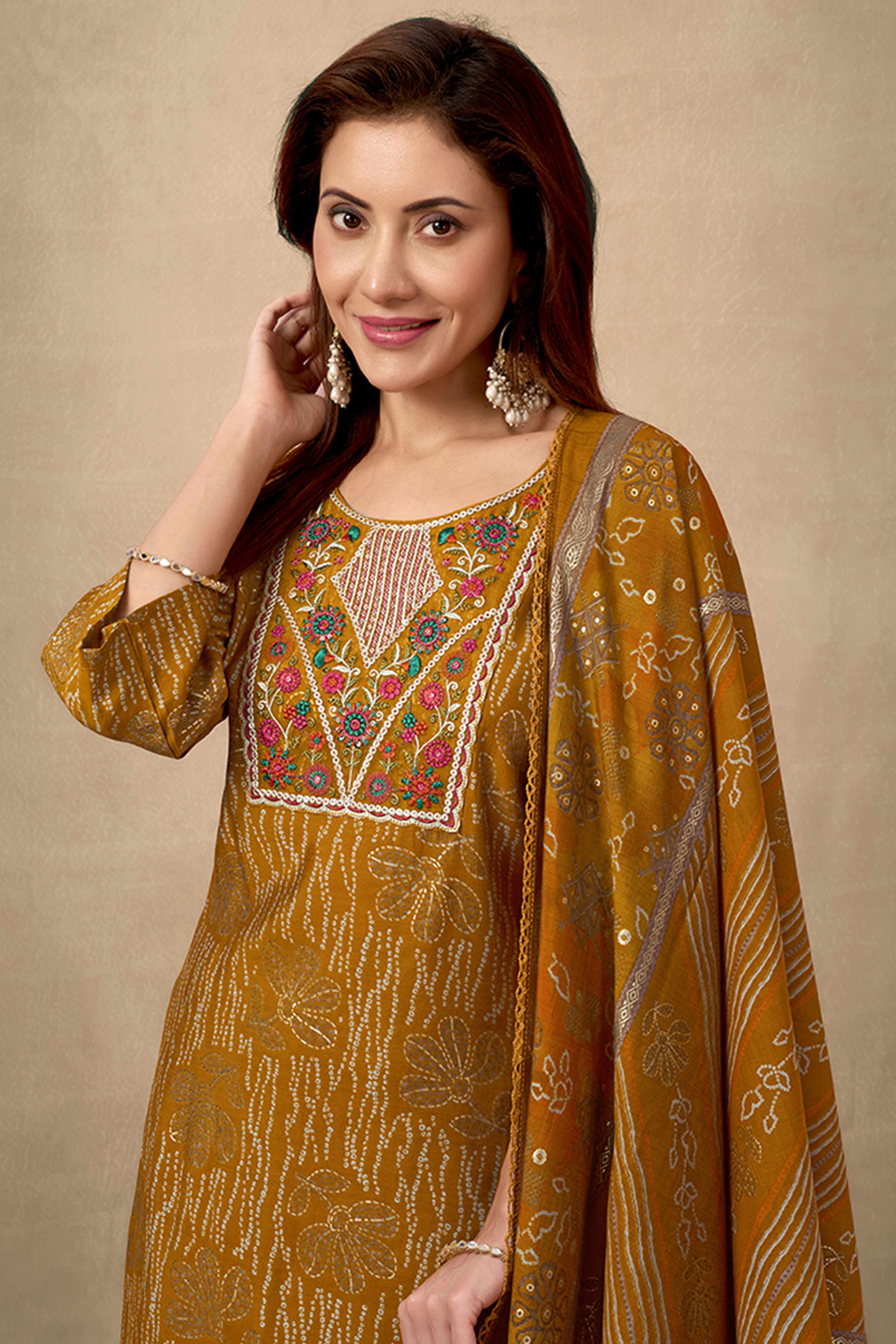 Mustard Bandhani Chanderi Silk Salwar Suit With Embroidered Neckline