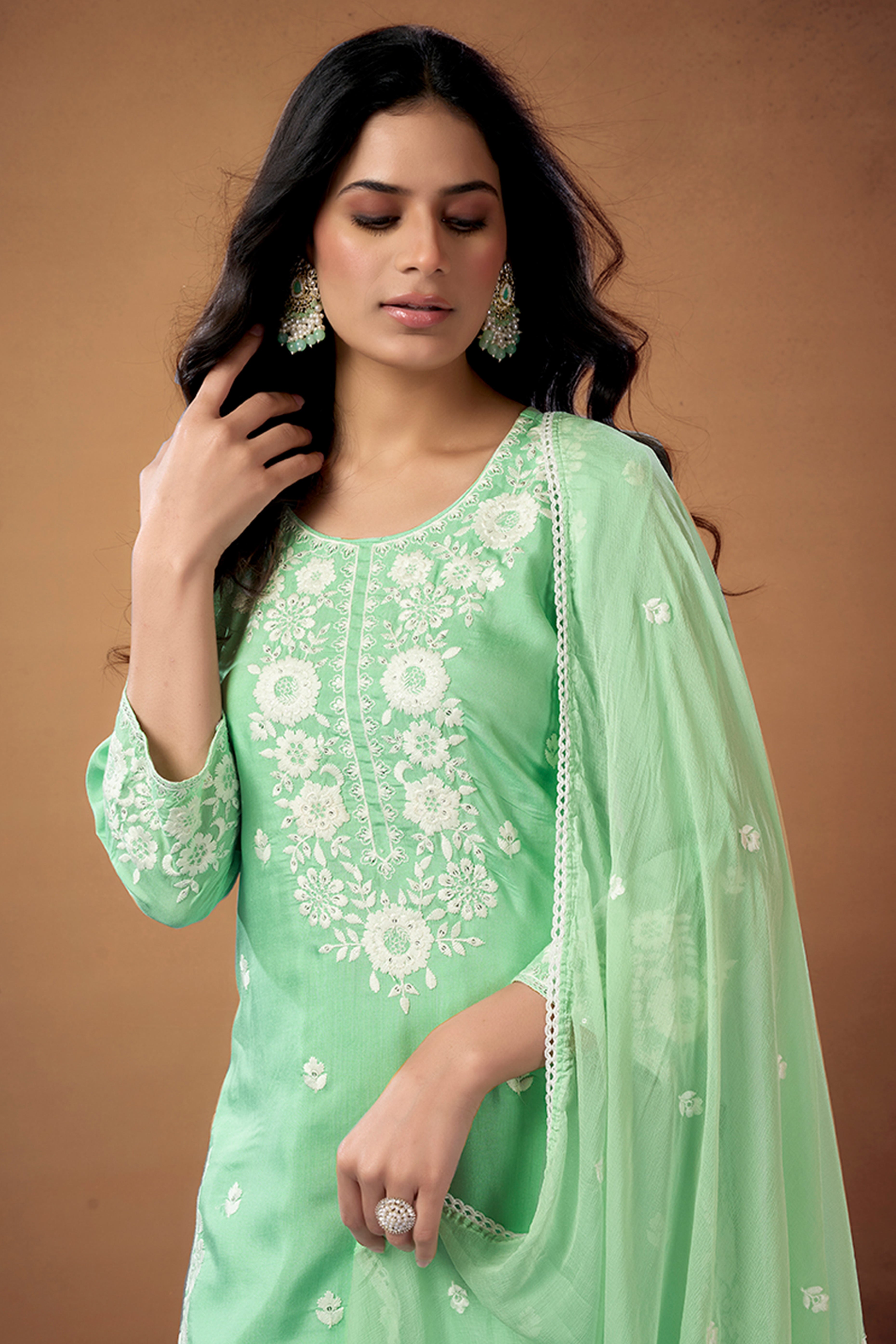 Sea Green Floral Embroidered Muslin Straigth Sharara Suit