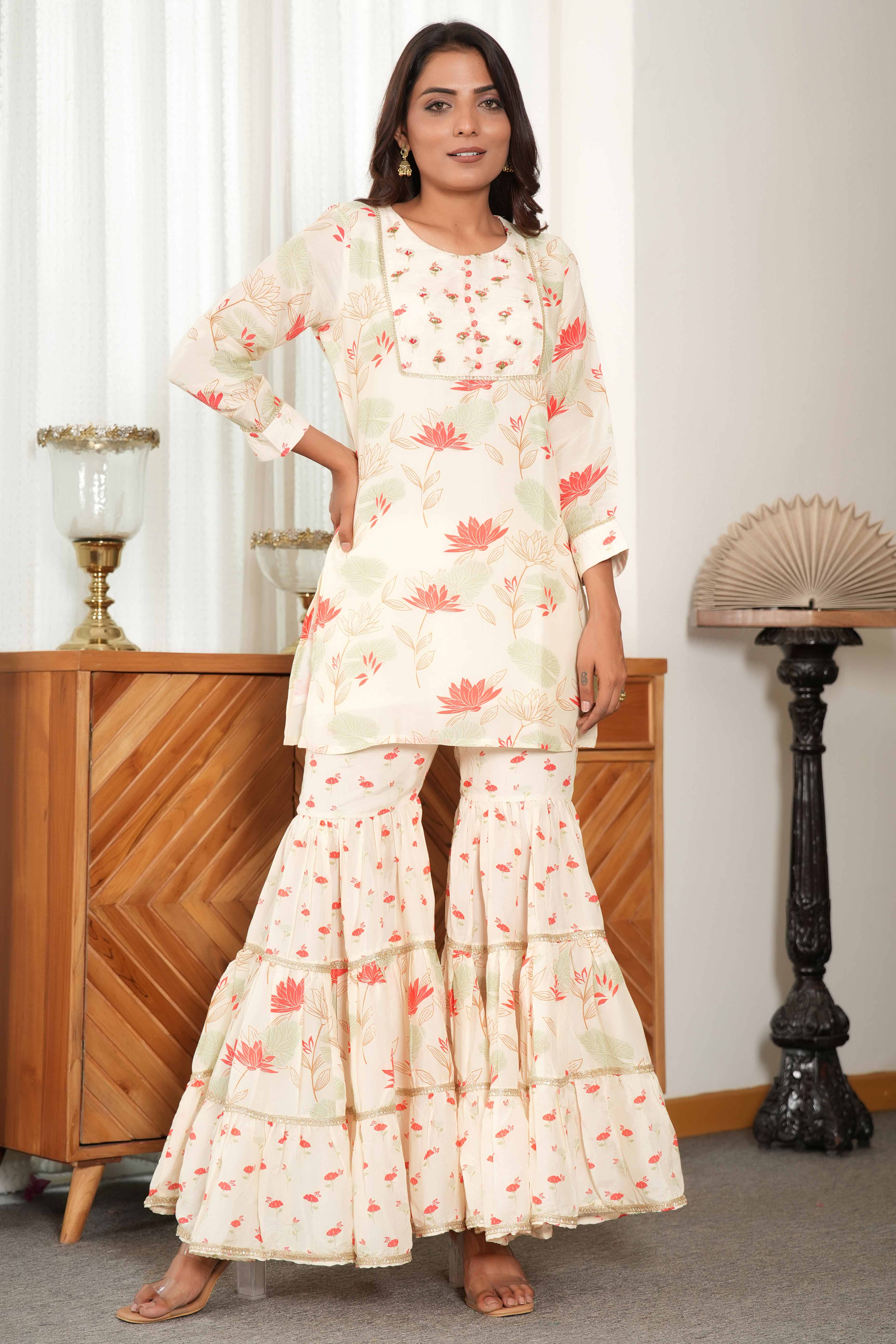 Cream Blossom Printed Florals with Flowy Muslin Sharara Bottom Set