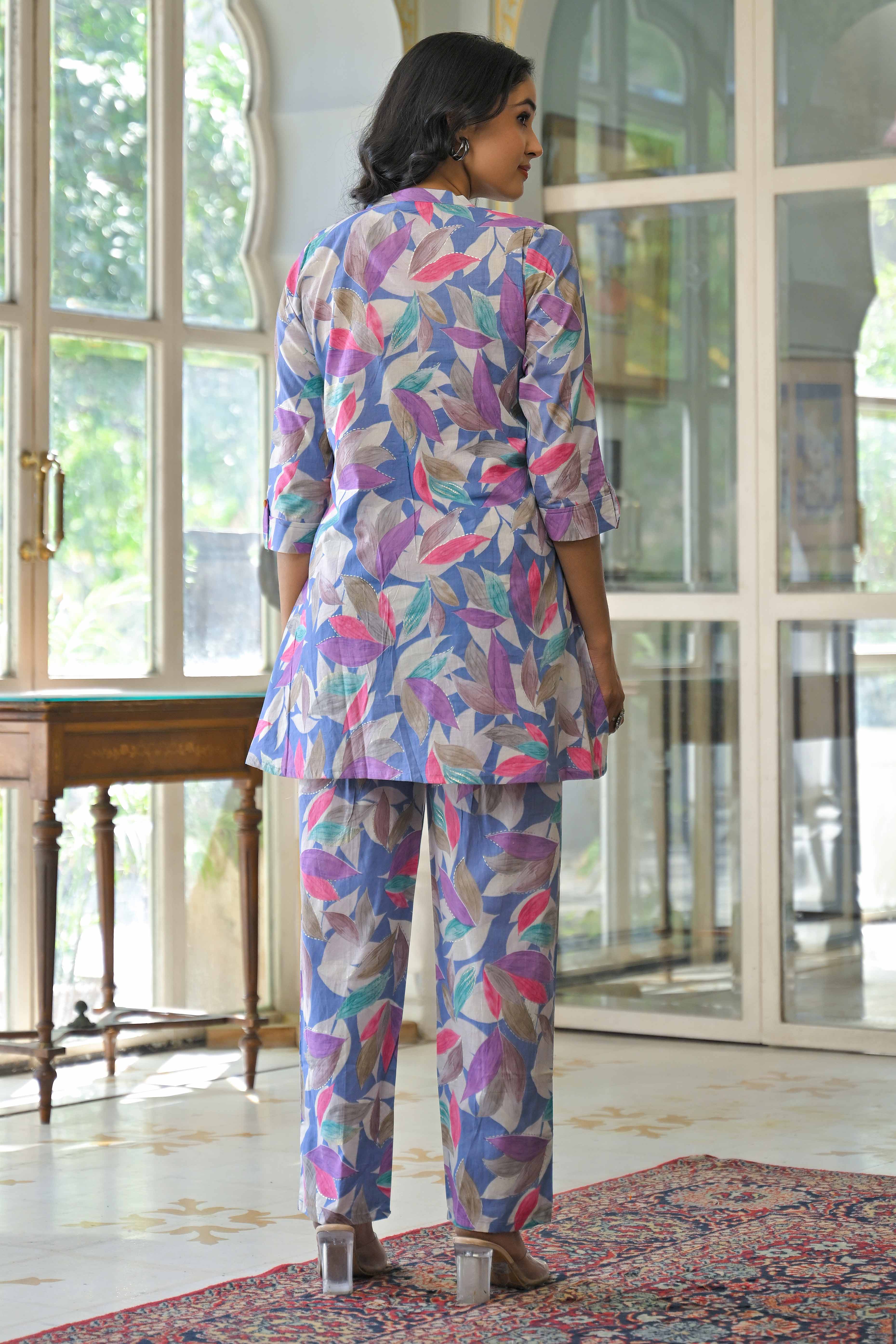 Multicolor Floral Foil Printed Pure Cotton A-Line Top Bottom Set