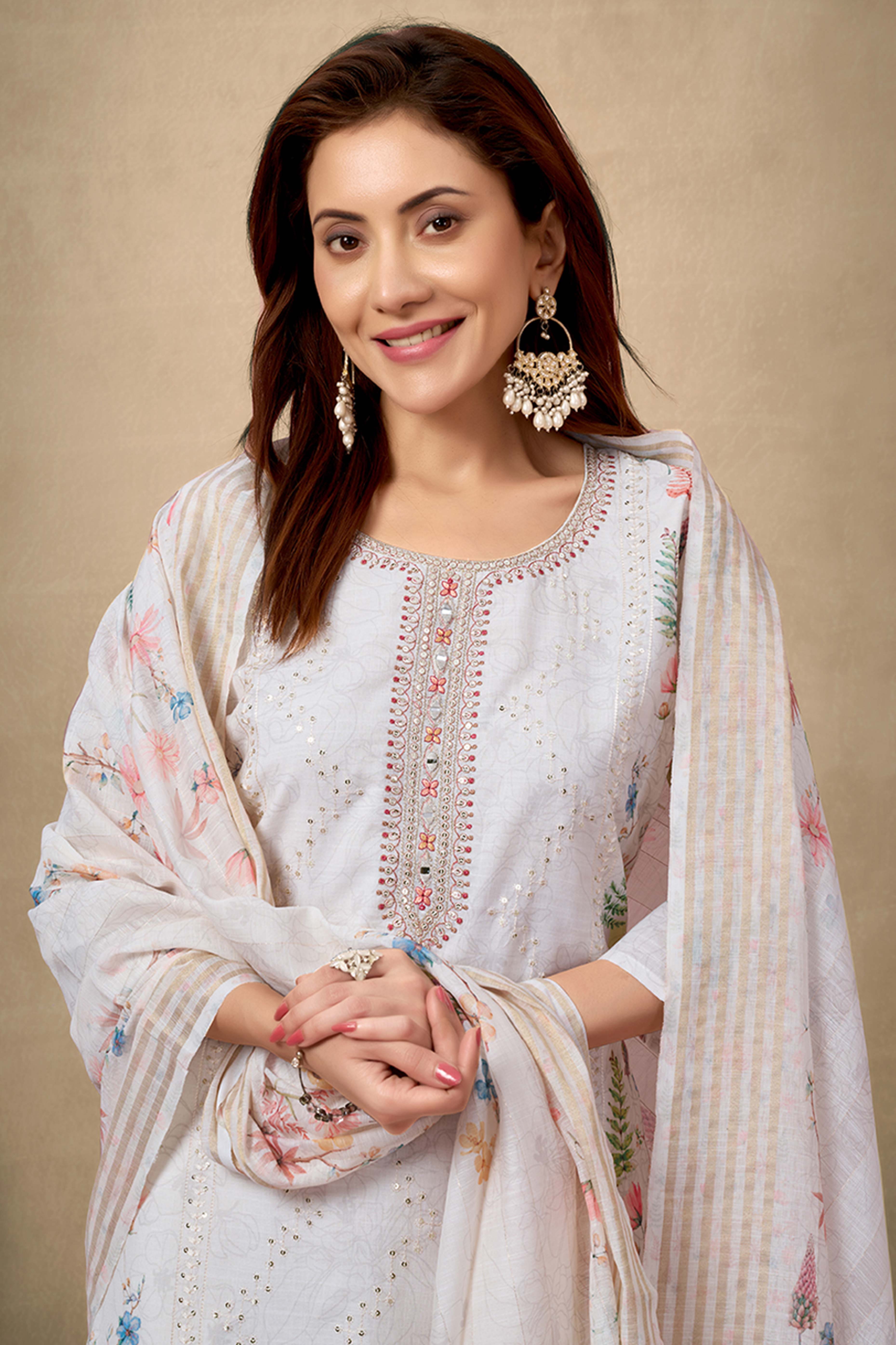 Cream & White Cotton Salwar Suit with Exquisite Floral & Sequin Detailing