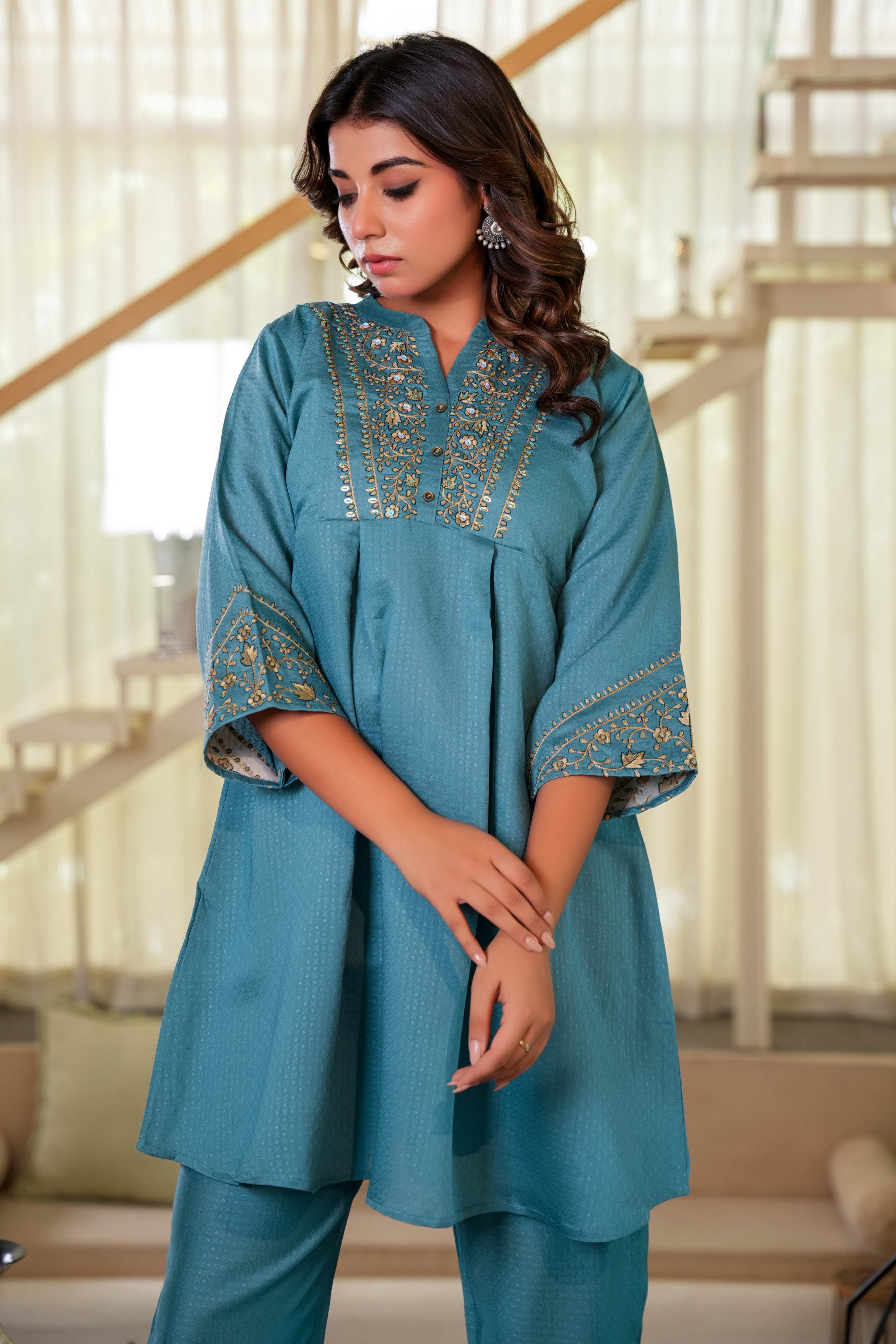 Sea Green Co-Ord Outfit in Viscose Fabric with Neck Embroidery Accent