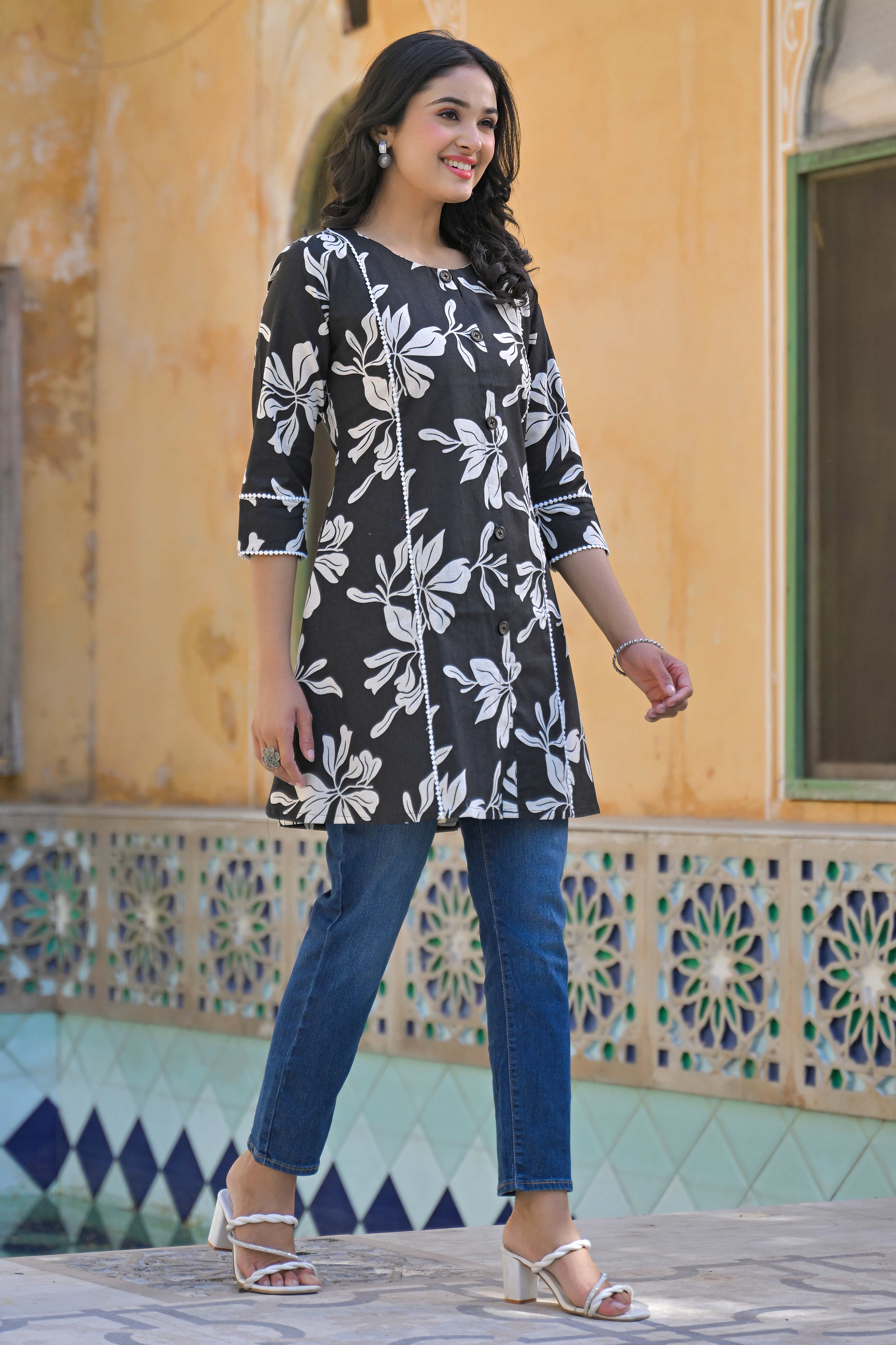 Black Floral Printed Pure Cotton A-Line Top