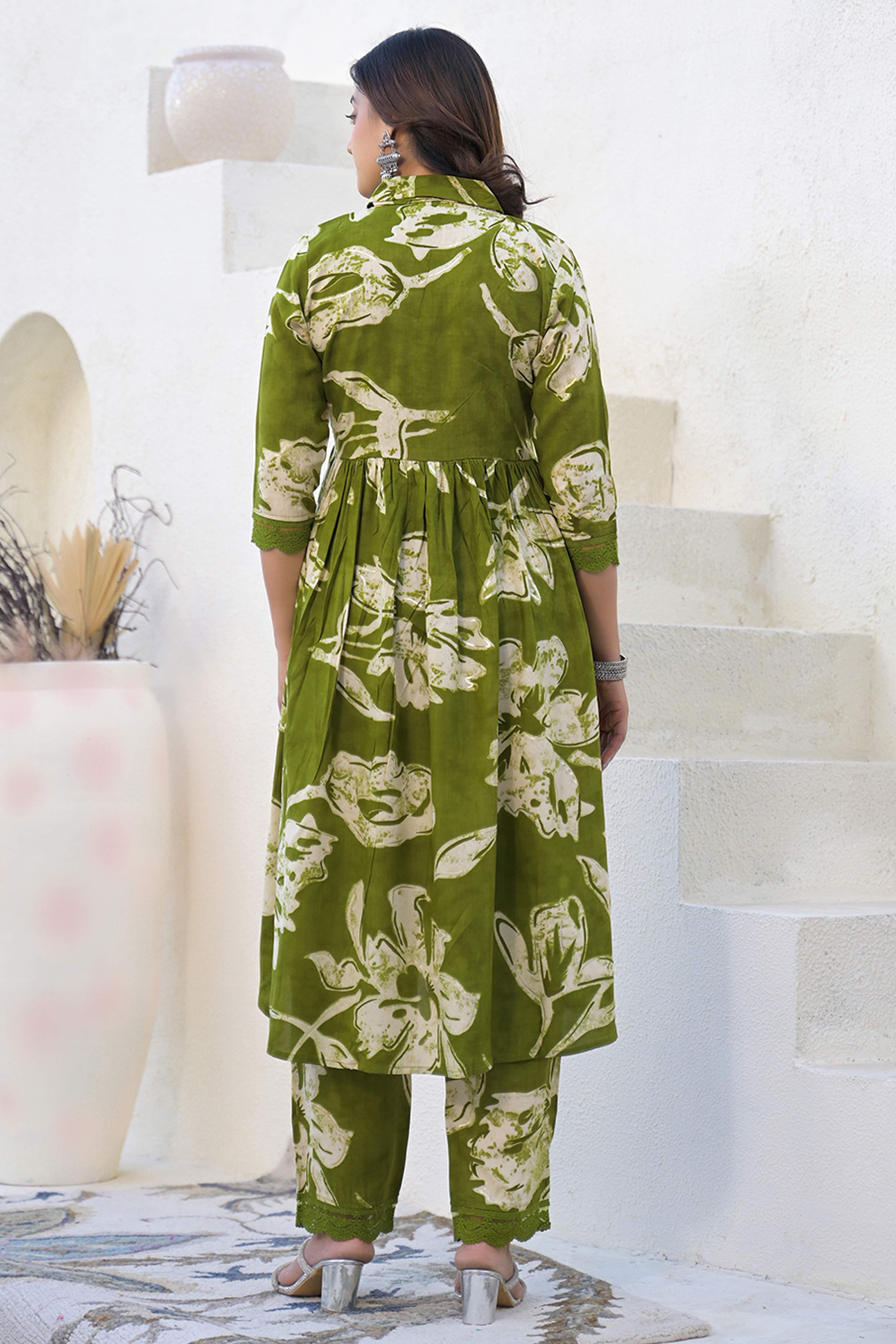 Flourishing Print Green Rayon A-Line Co-Ord Set