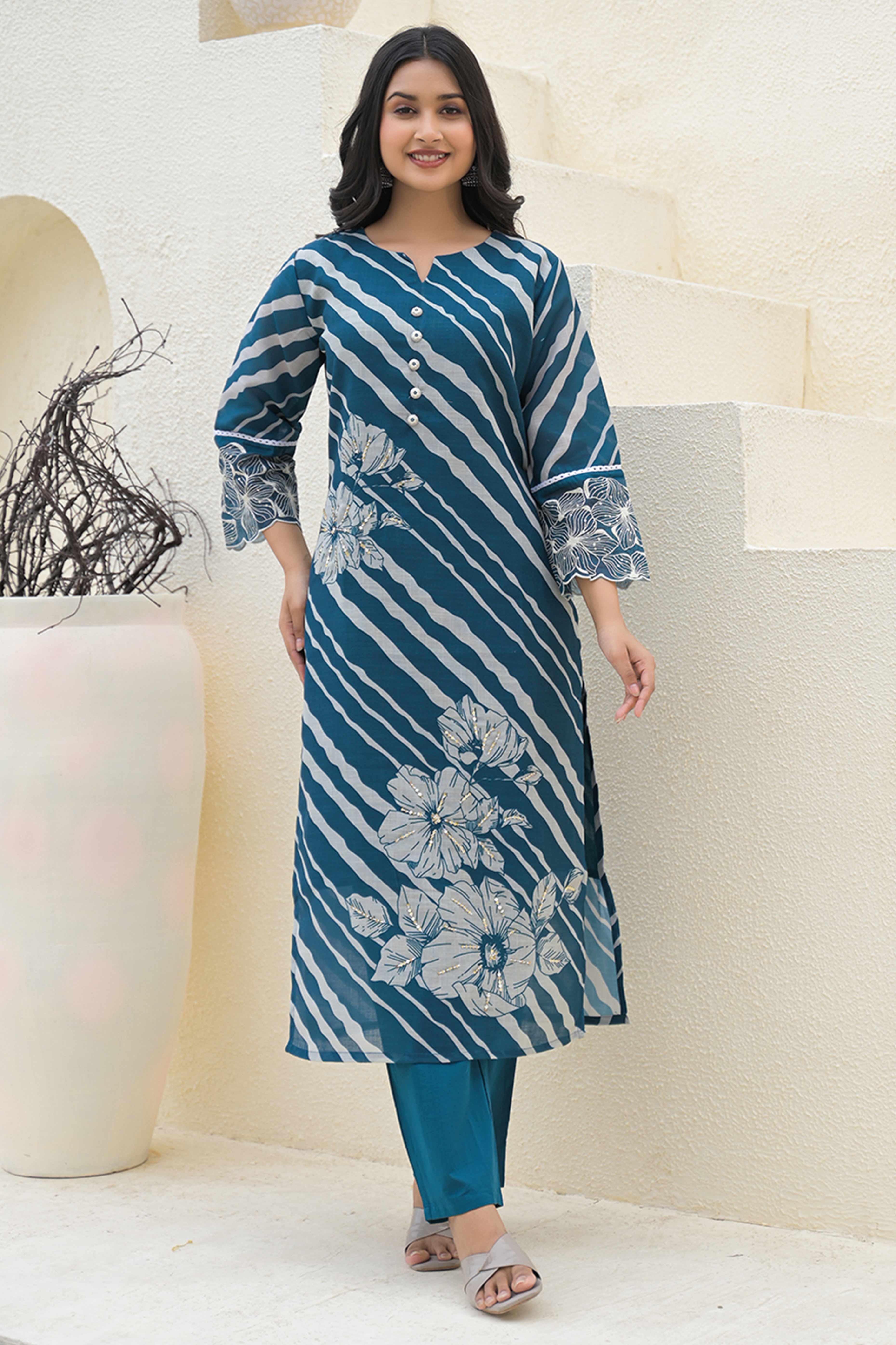 Modern Teal Linen Suit with Artistic Floral Print and Stone Accents