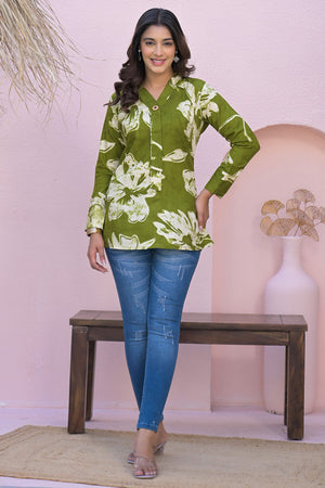 Graceful Green Rayon Straight Top With A Charming Floral Print