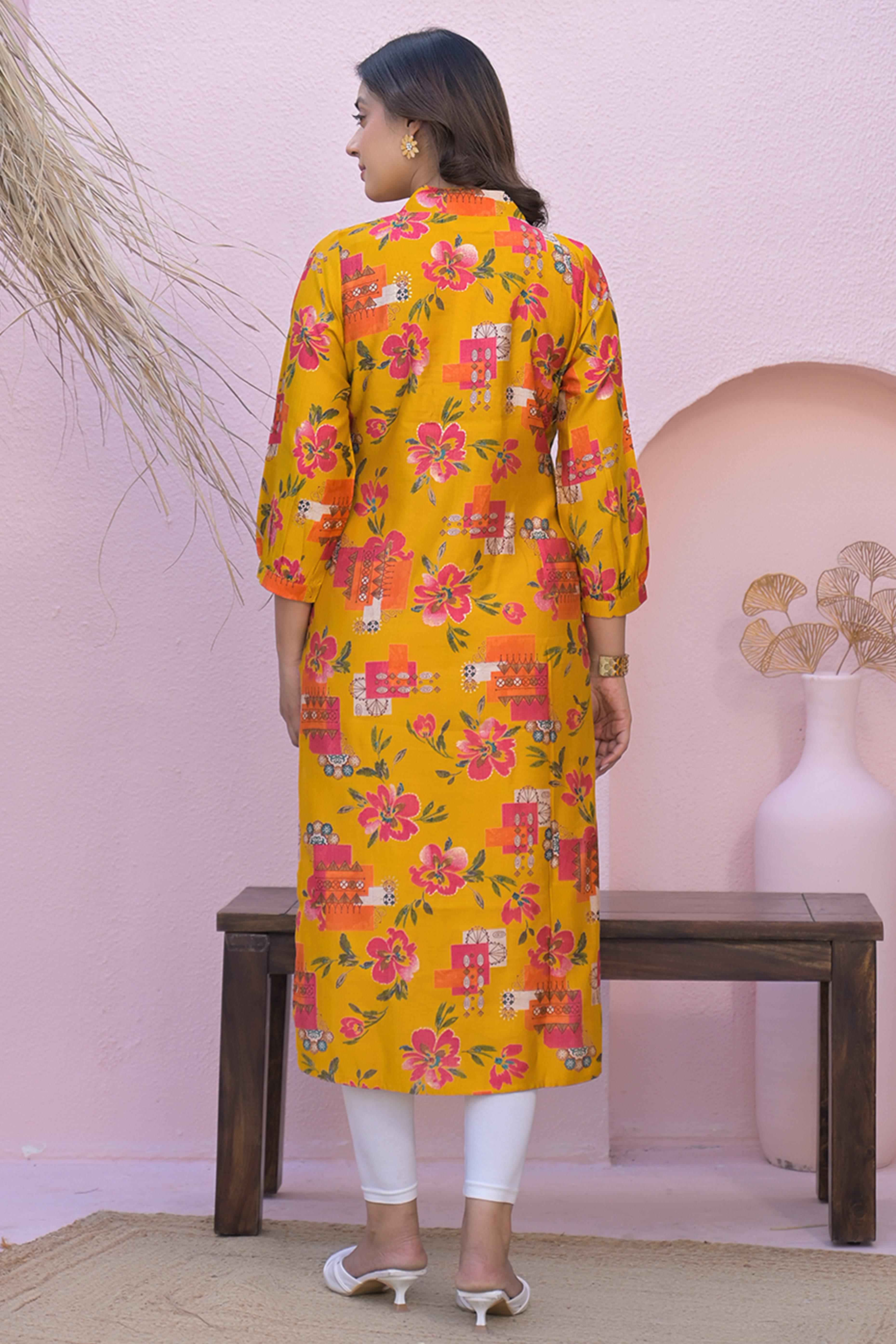 Mustard A-Line Kurti in Soft Viscose with Floral Design