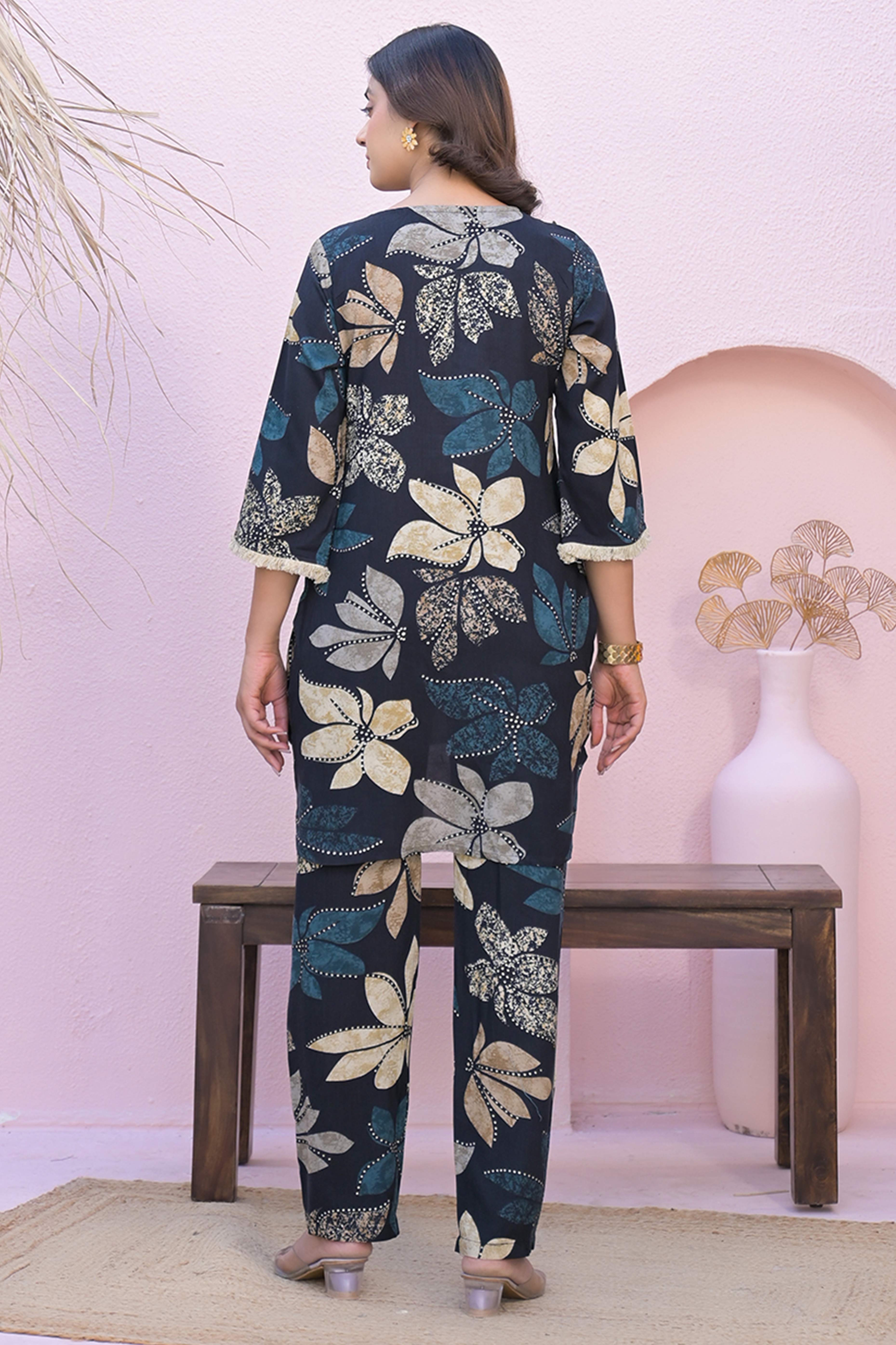 Black Floral Printed Rayon Short Top And Bottom Pant