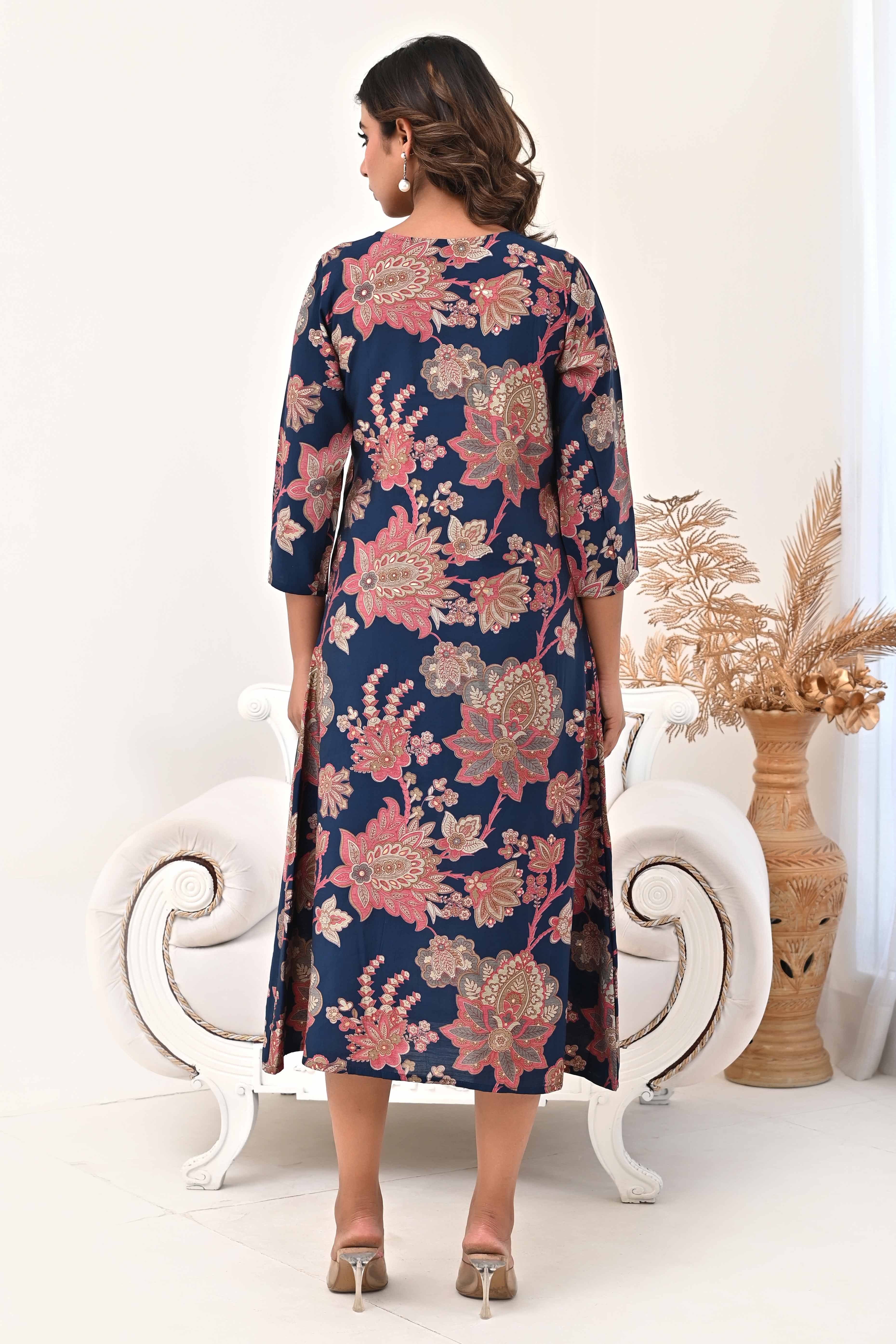 Navy Blue Chanderi Silk Kurti Dress with Artistic Floral Prints