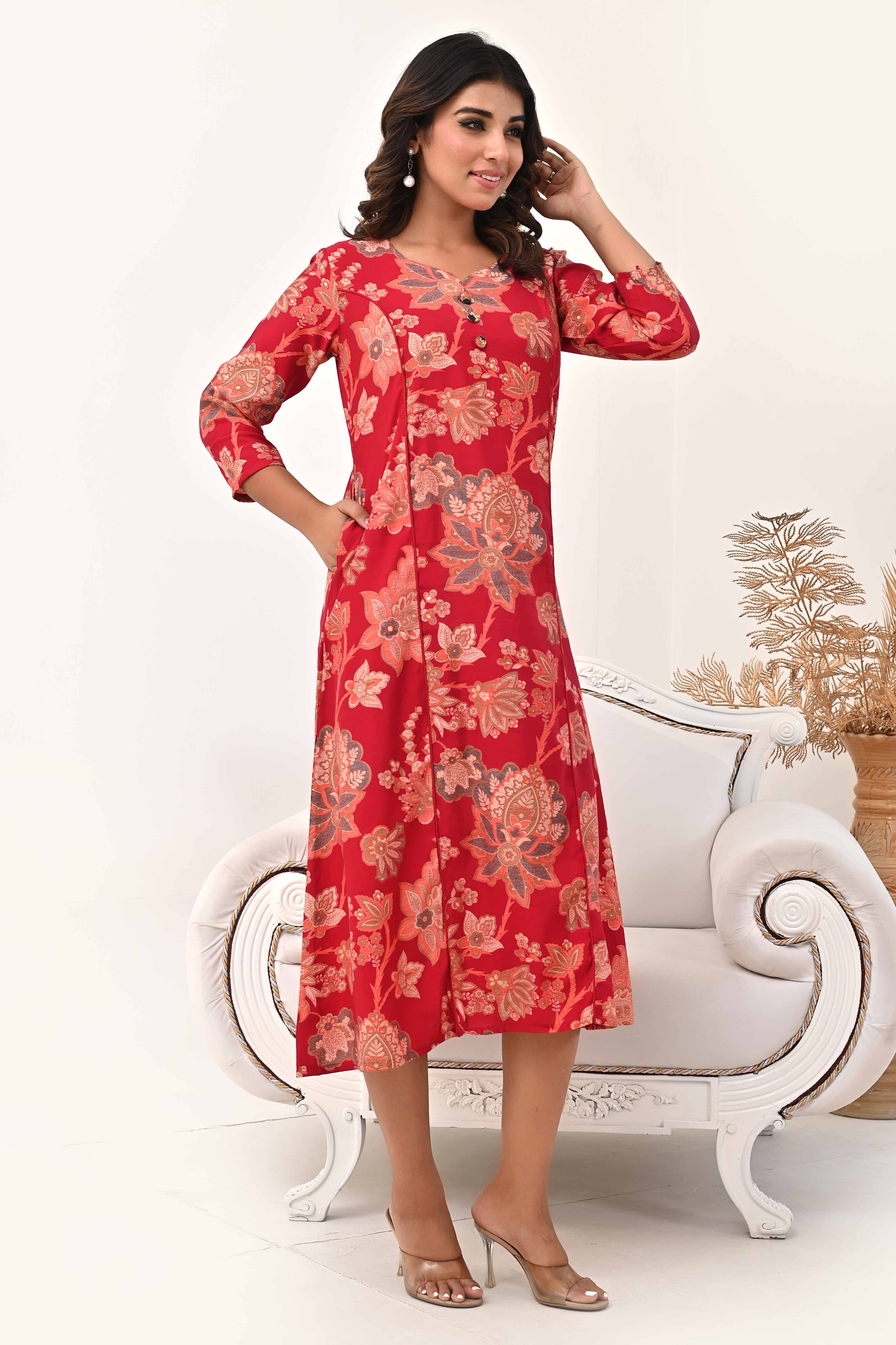 Red Chanderi Silk Kurti Dress with Artistic Floral Prints