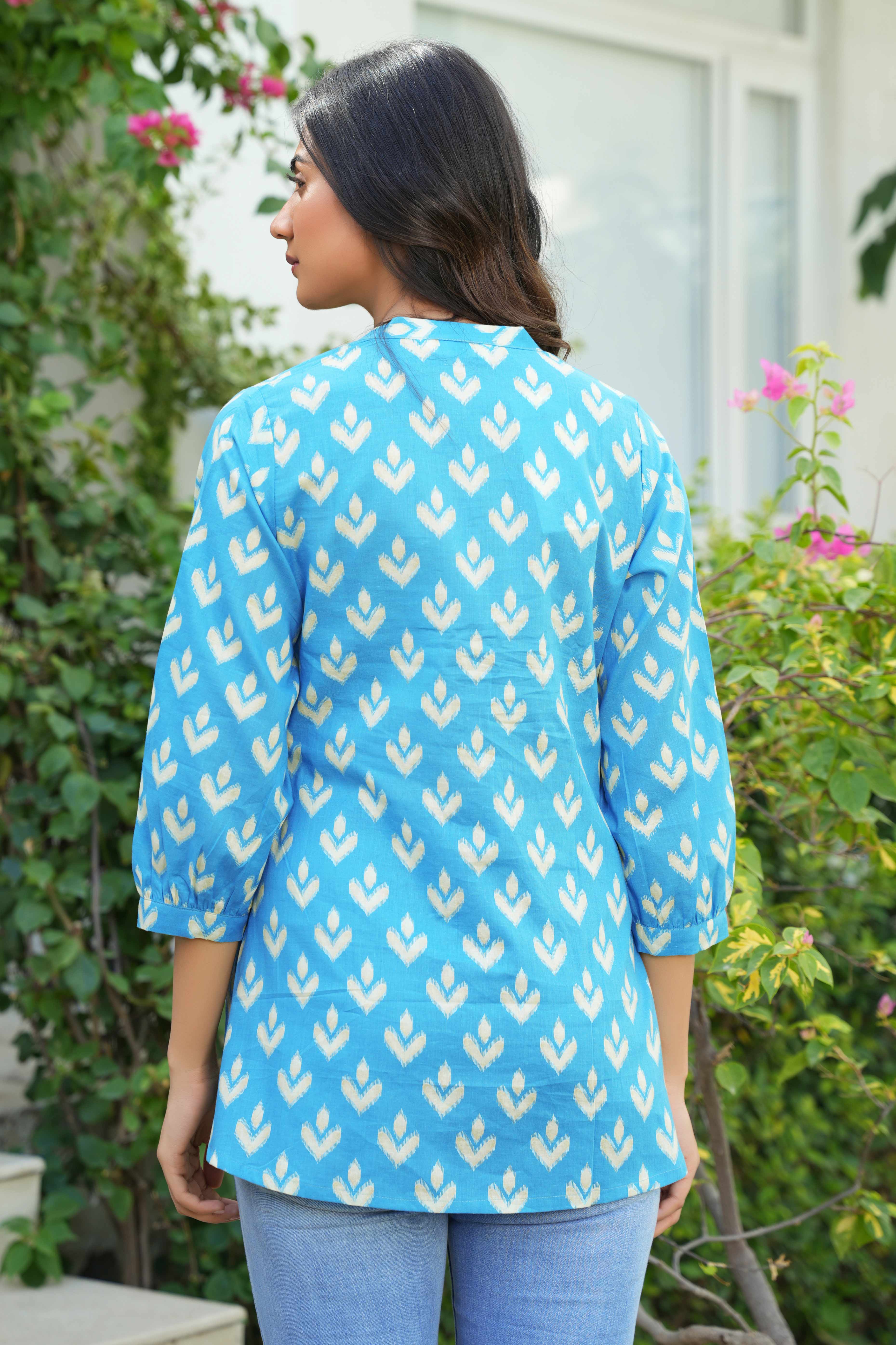 Sky Blue Ikkat Printed Pure Cotton A-Line Tunic for Everyday Wear