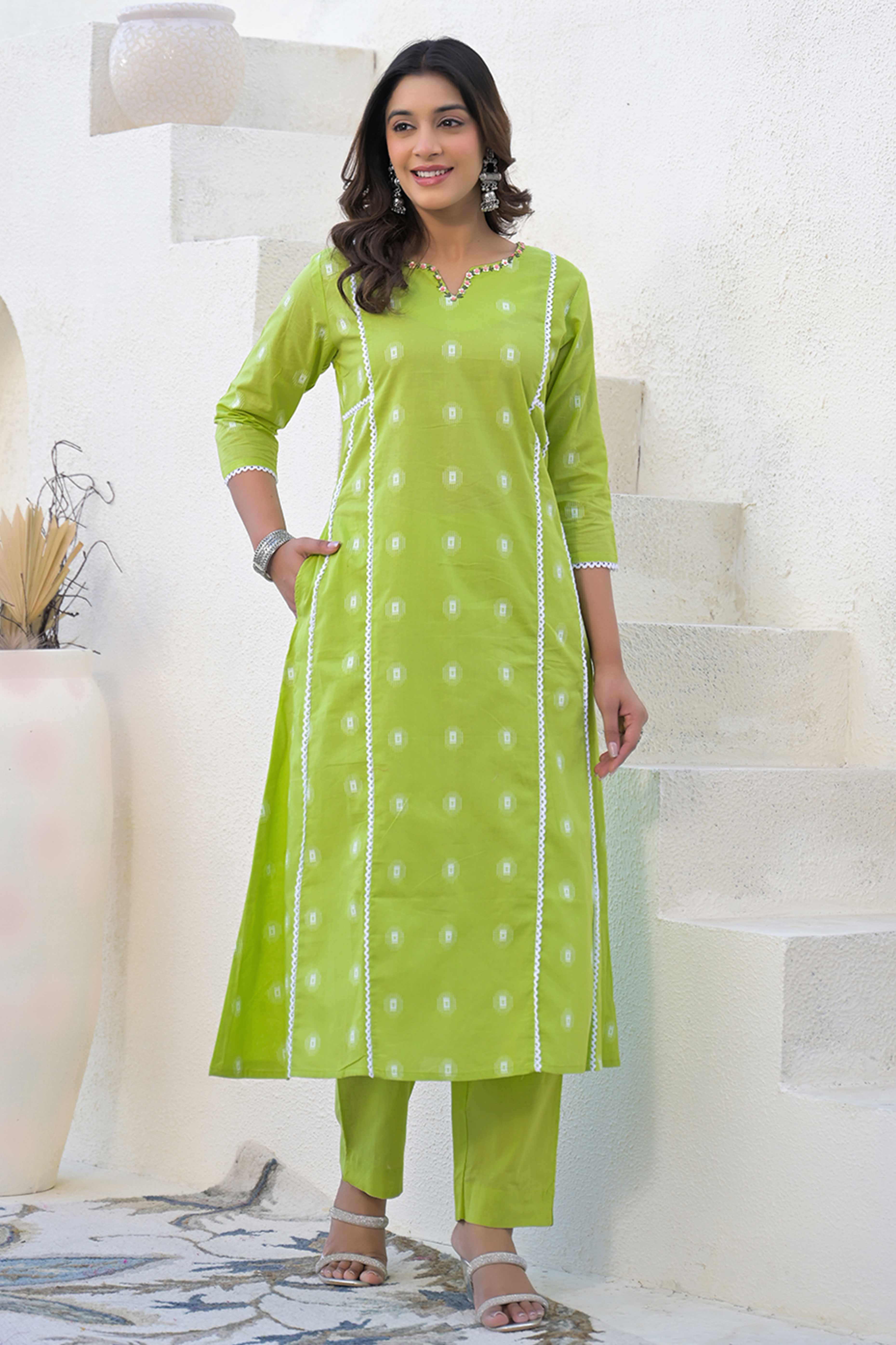 Parrot Green Floral Printed Cotton Top Bottom Set with Neck Detailing