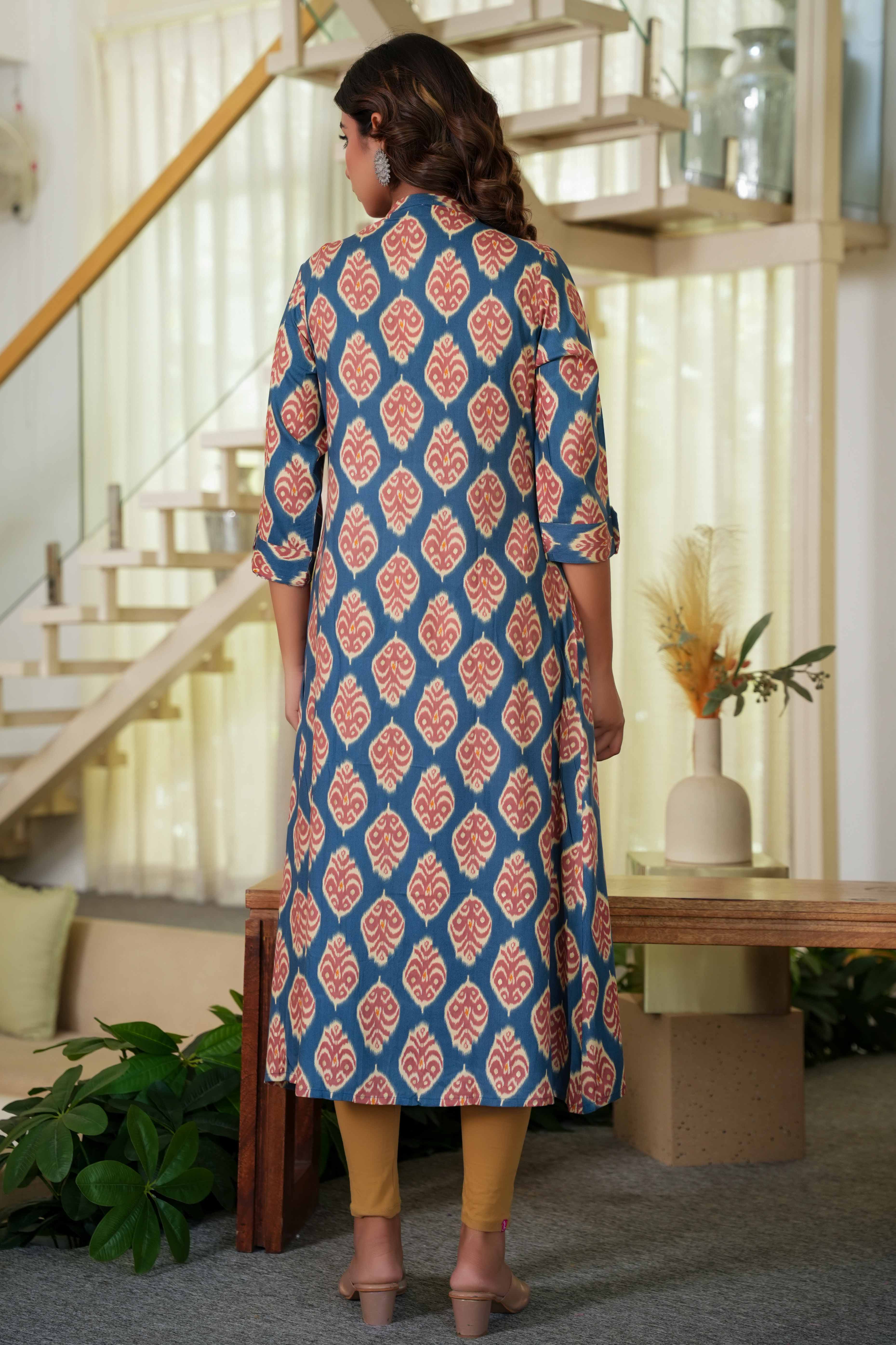 Teal Ikkat Patterned Straight Kurti in Soft Poly Rayon Fabric for All-Day Comfort