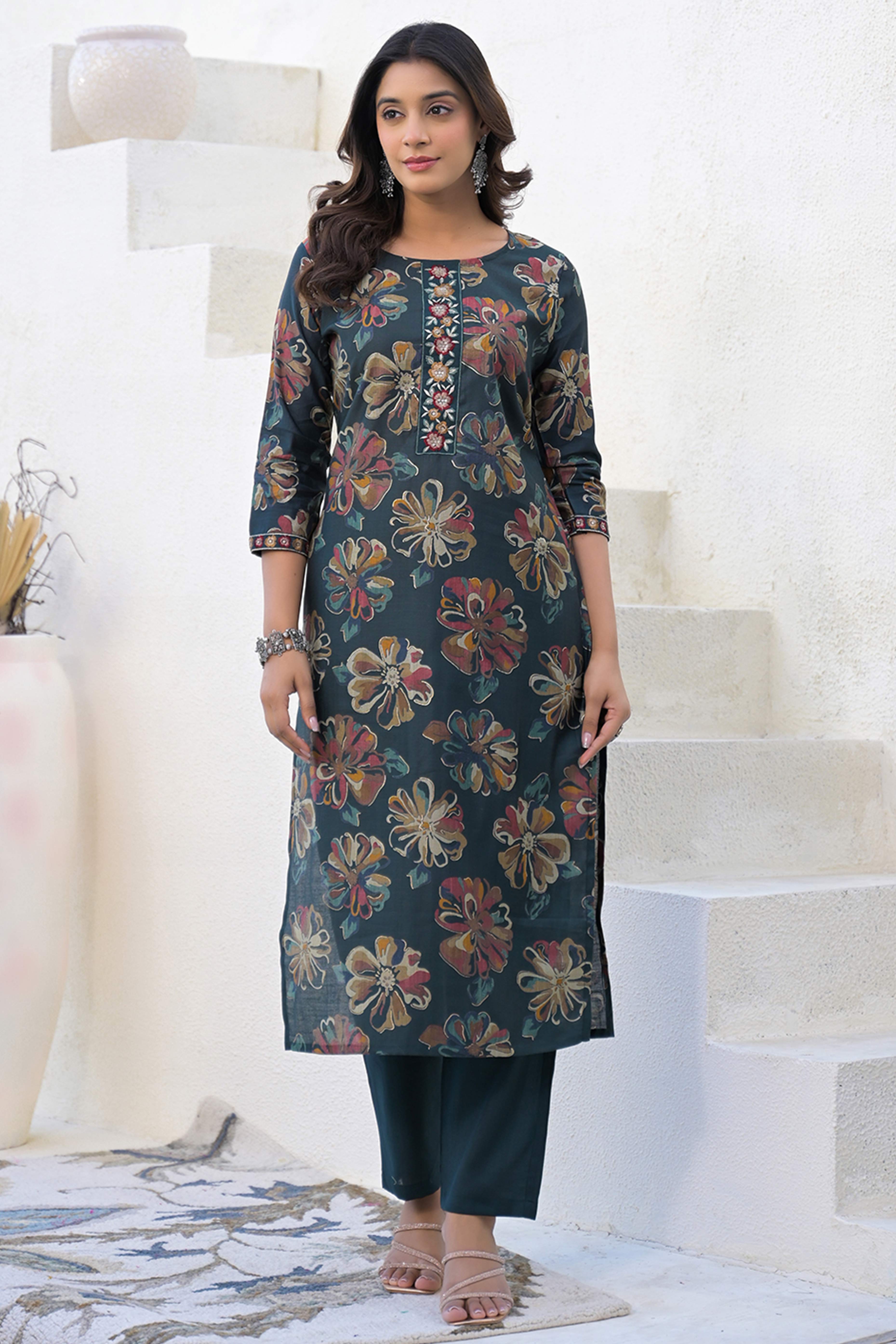 Stylish Bottle Green Viscose Straight Salwar Suit with Floral Pattern