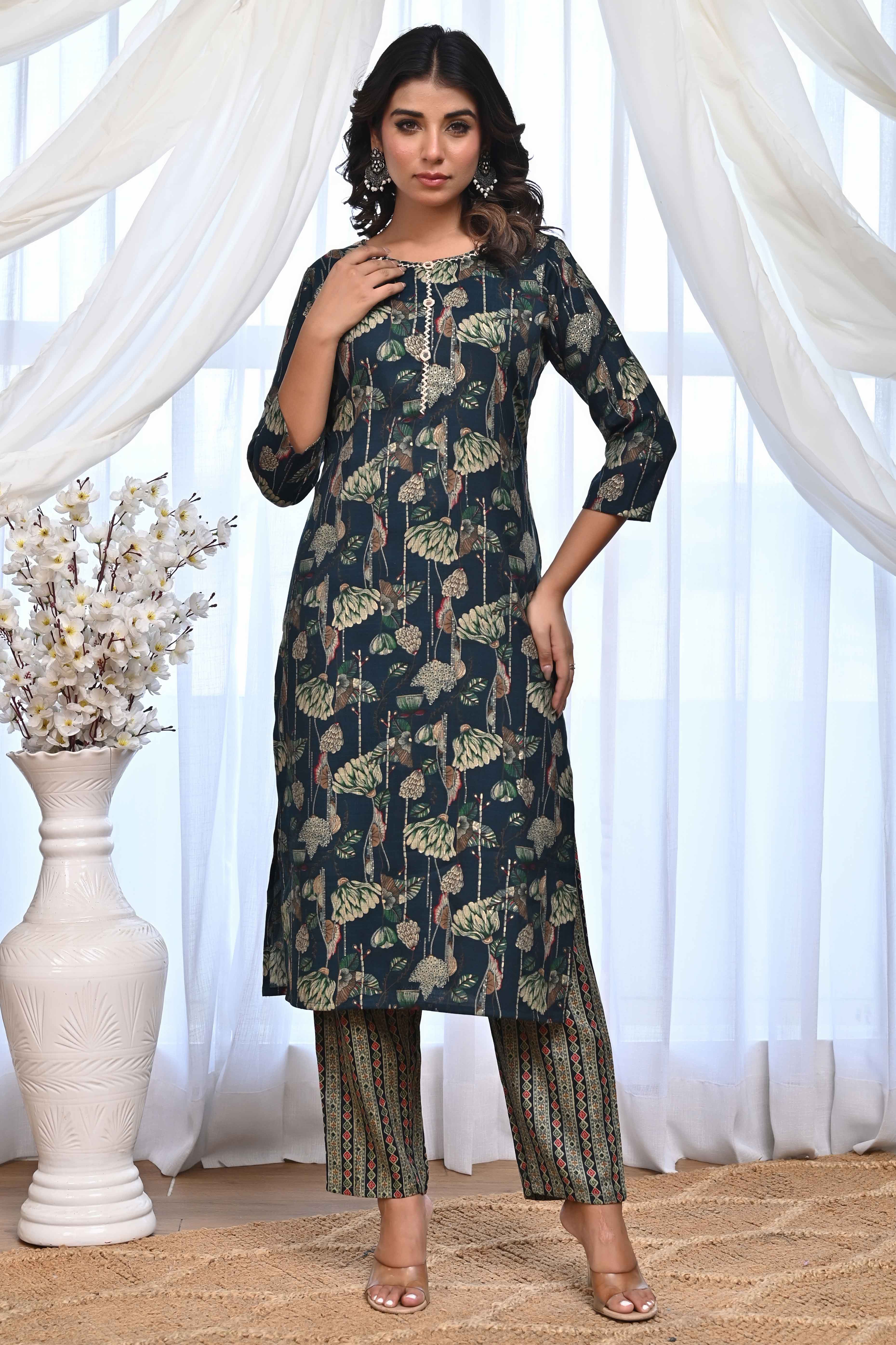 Dark Teal Blue Rayon Salwar Suit With Blooming Floral Print & Elegant Mirror Thread Work