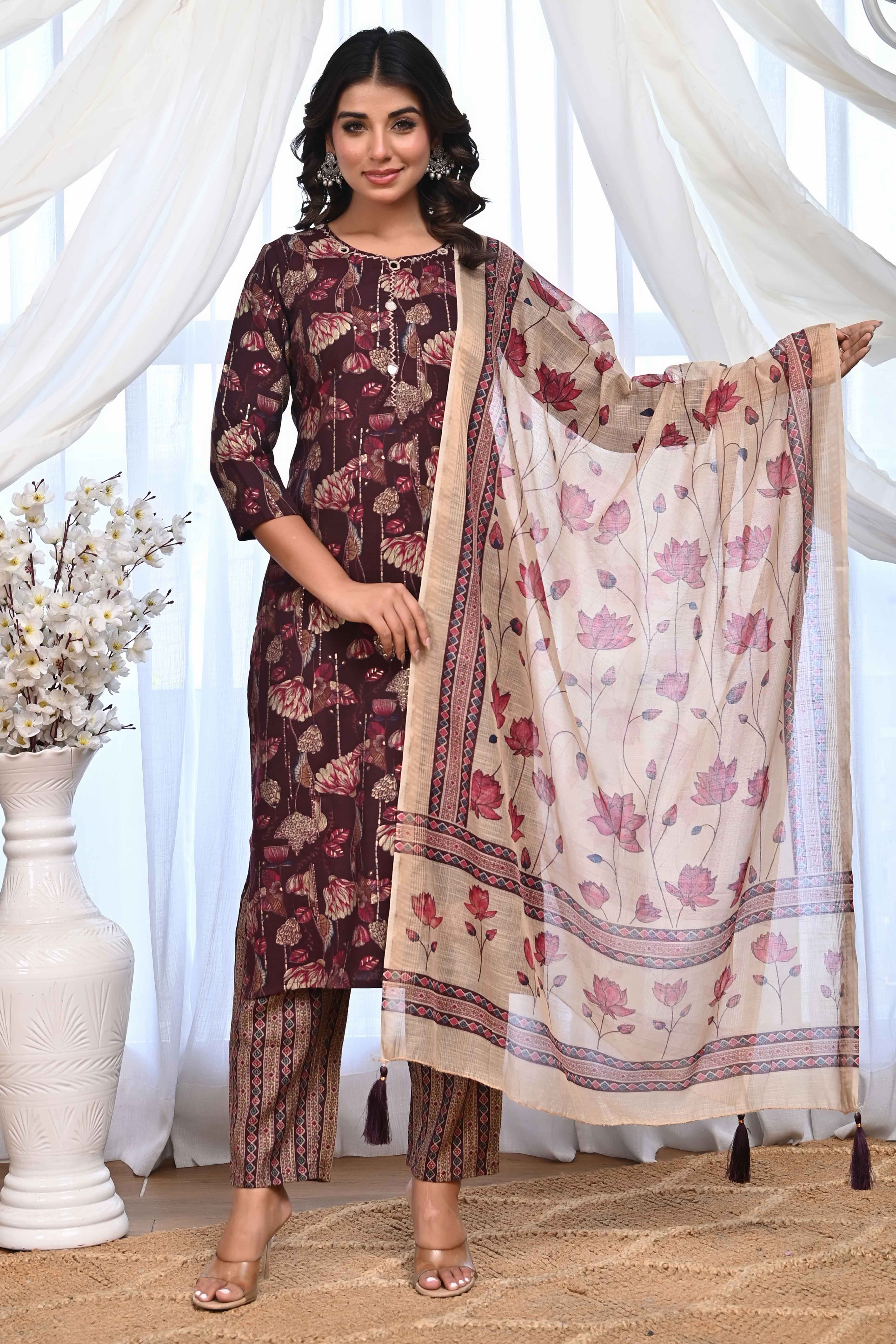 Elegant Wine Rayon Salwar Suit With Floral Prints & Mirror Thread Embellishments