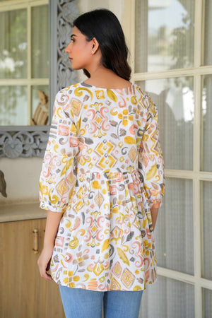 Pure Cotton A-Line Top in White & Mustard with Modern Abstract Prints