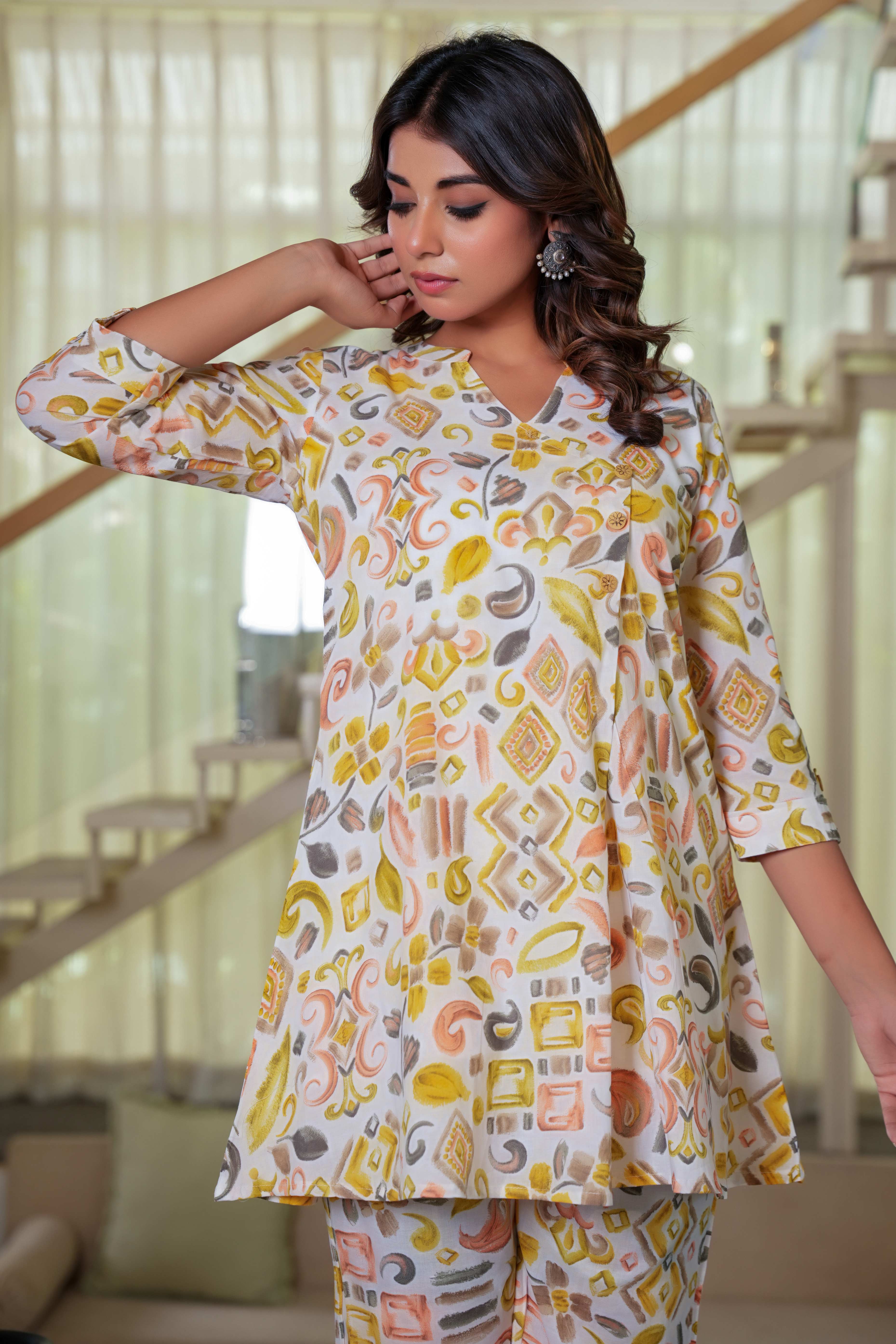 White and Mustard Abstract Pattern Angrakha Style Co-Ord Set in Soft Cotton Fabric