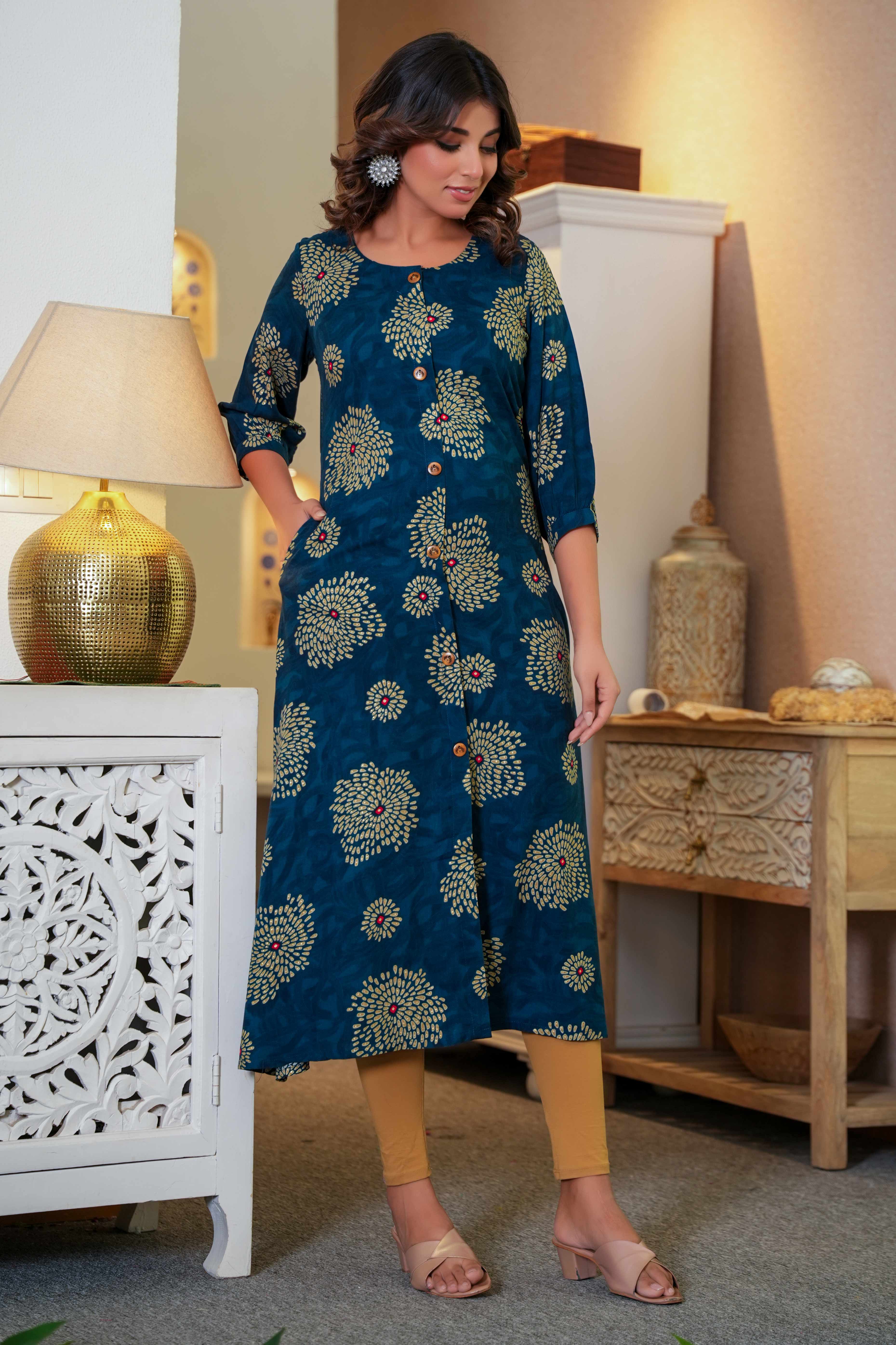 Comfort Fit Viscose A-Line Kurti in Dark Blue with Feminine Floral Print