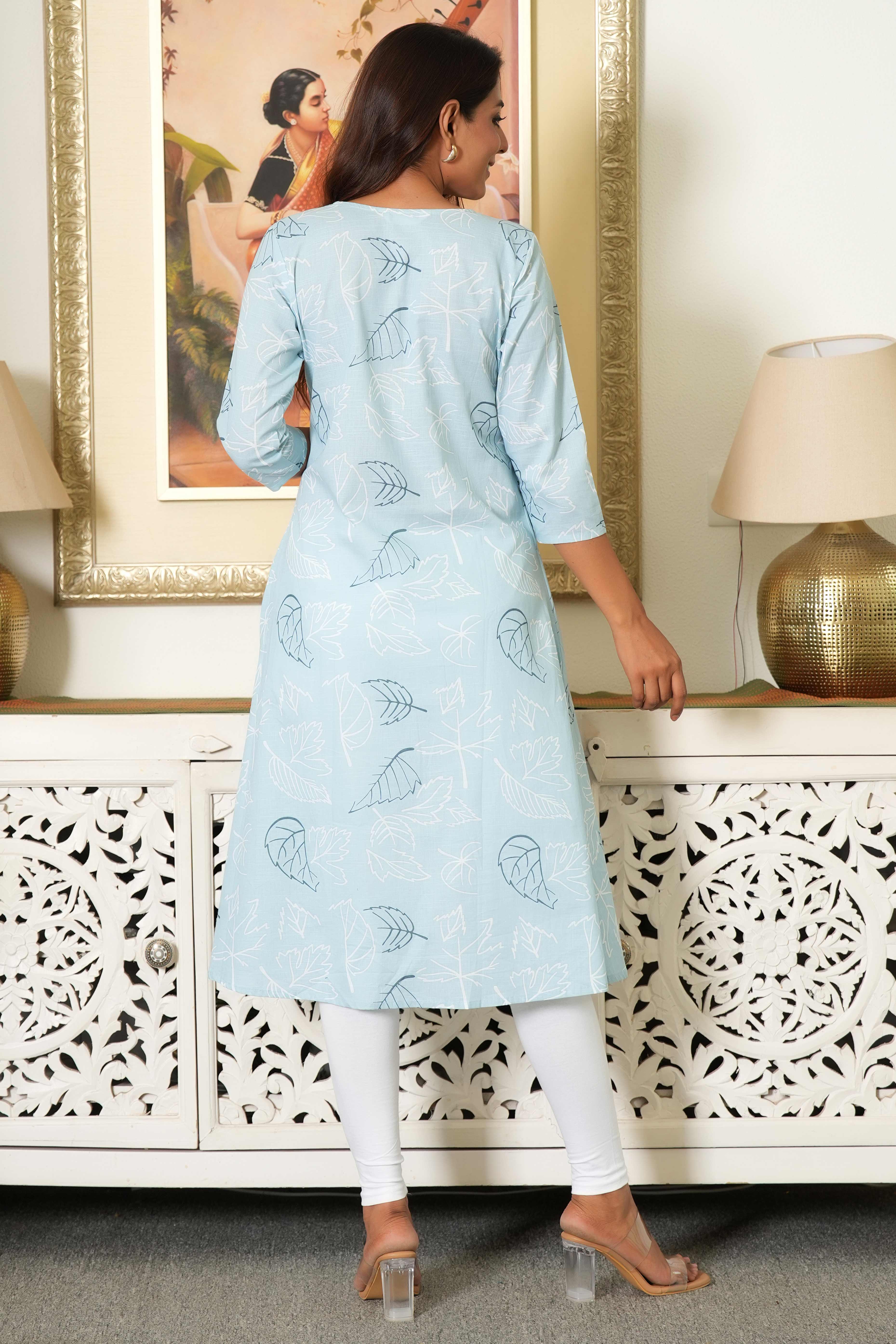 Leaf Printed Powder Blue A-Line Kurti in Pure Cotton Flex