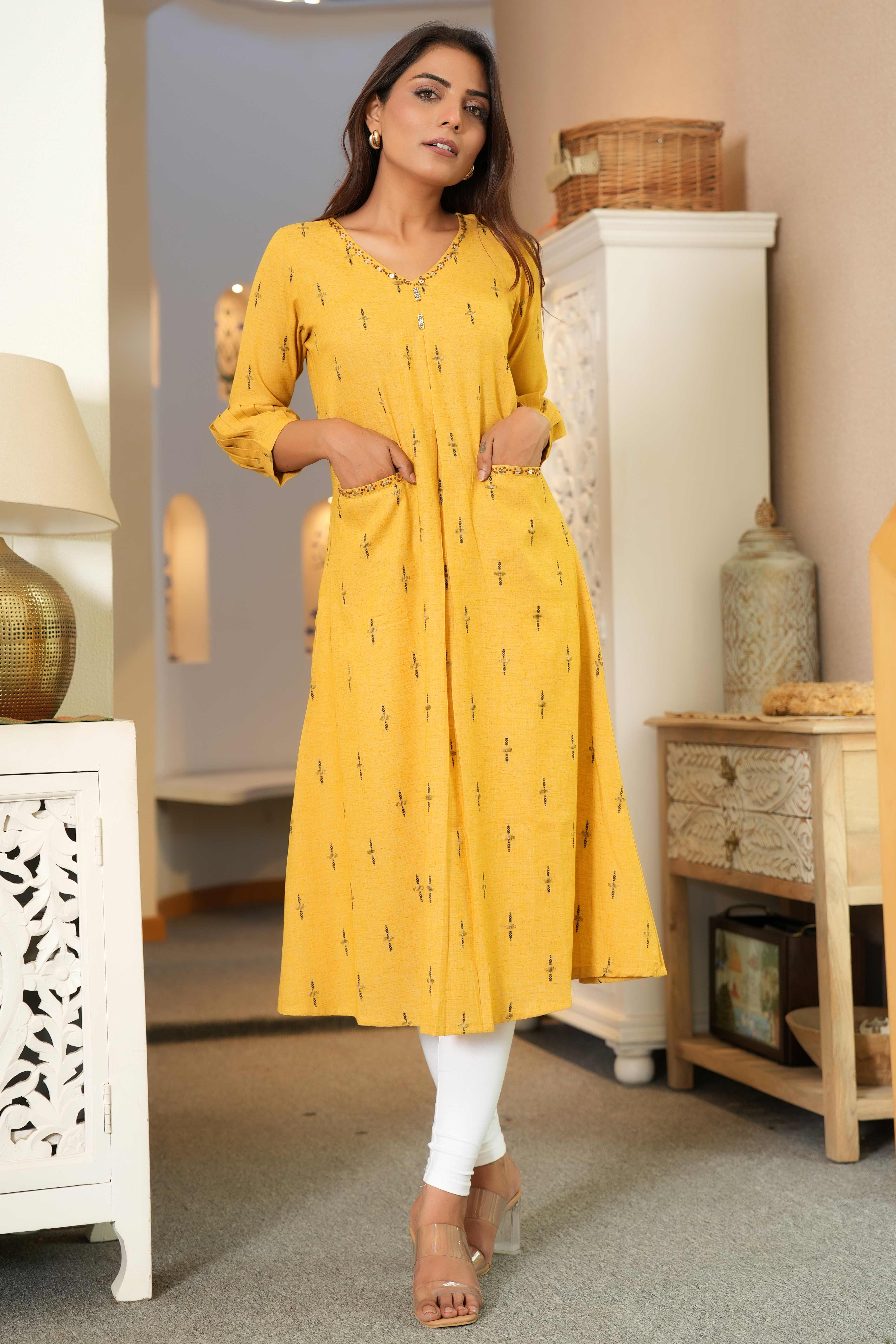 Yellow Pure Cotton A-Line Kurti with Elegant Weaving and Beads Work
