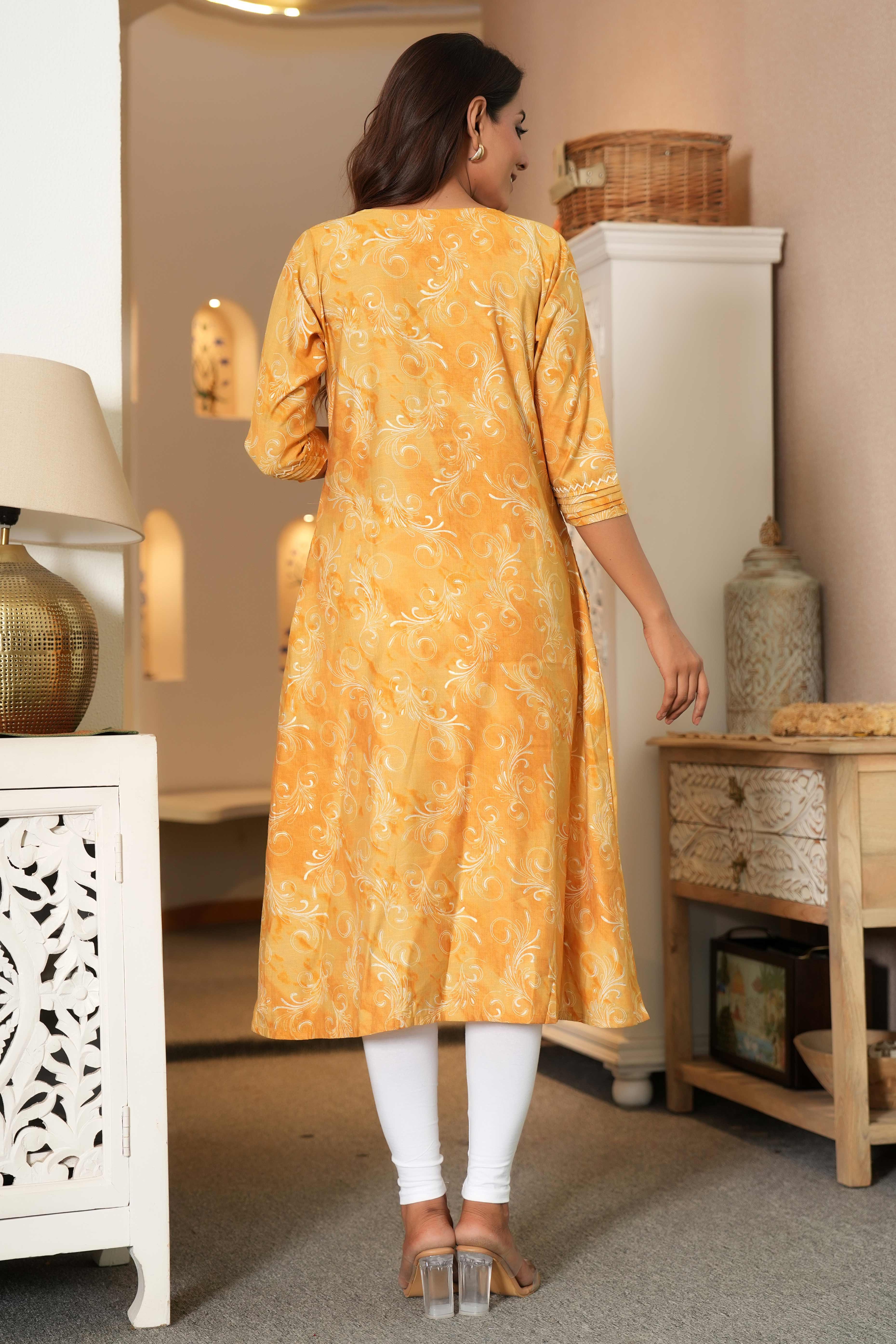 Floral Printed Mustard Capsule Rayon Kurti in Straight Fit
