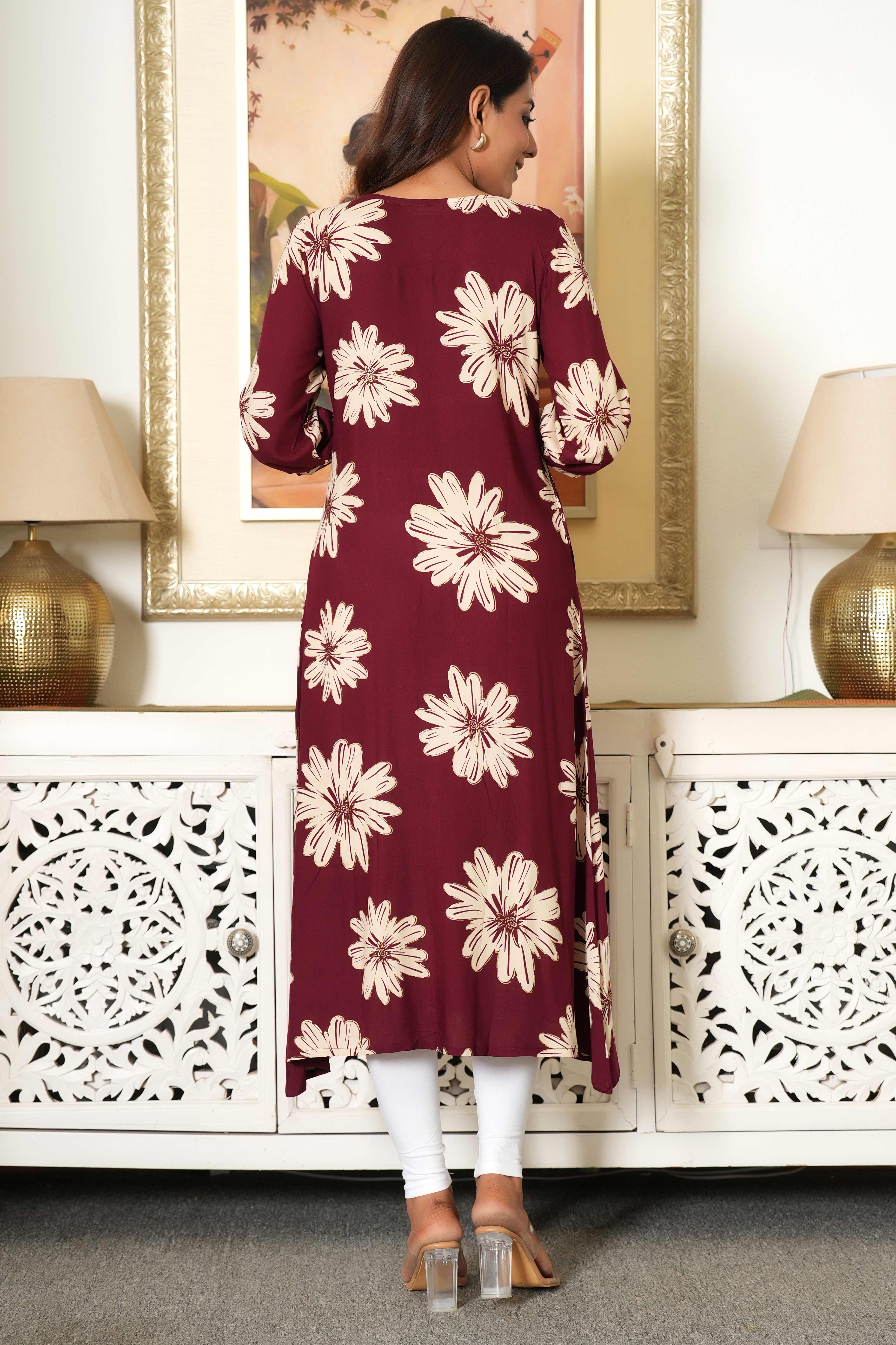 Maroon Printed Rayon Kurti in Flattering A-Line Fit